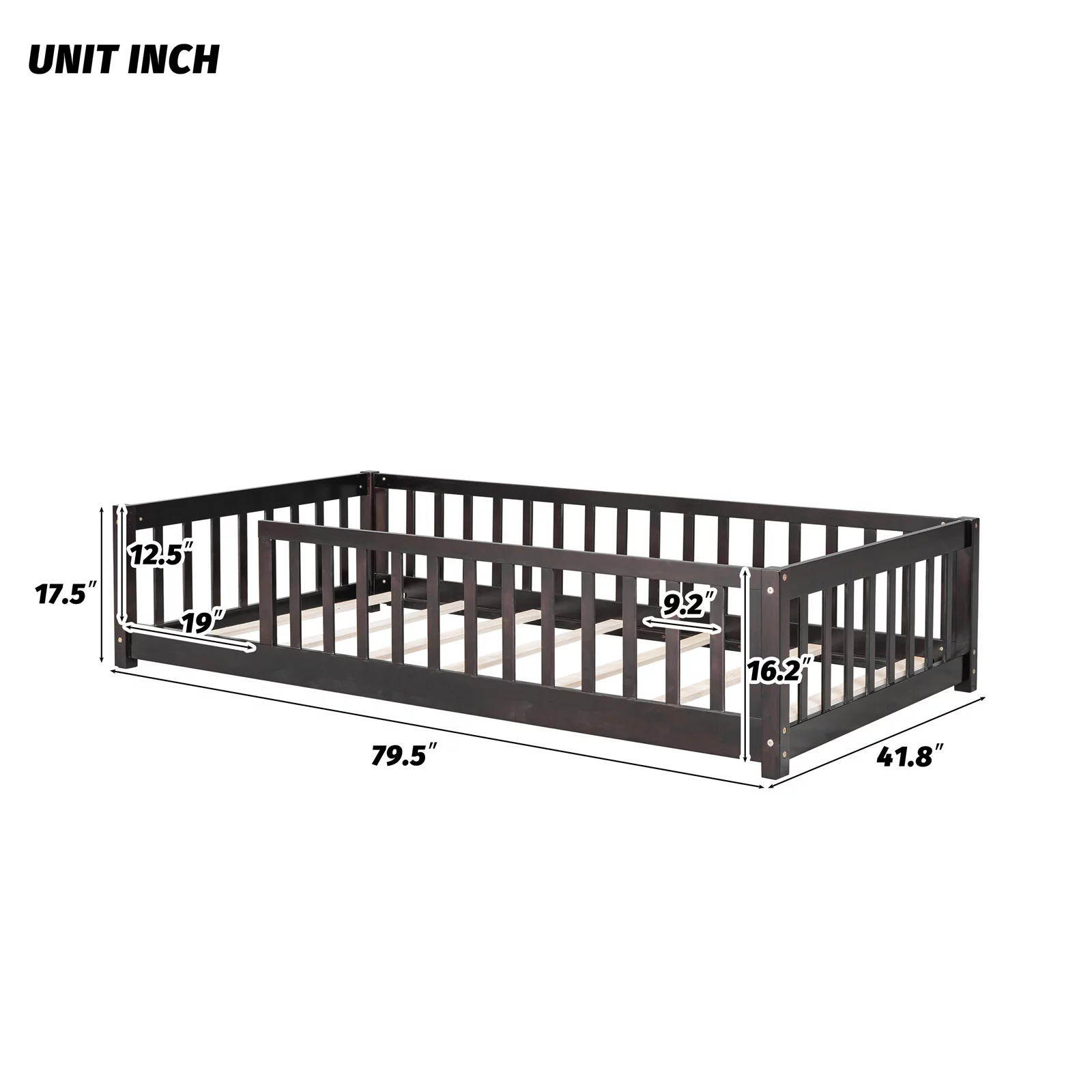 Twin Floor Bed Frame for Toddler, Montessori Floor Bed with Fence and Wood Slats, Low Wood Platform Beds for Girls Boys Kids Happy Time, White - Inhomebuy