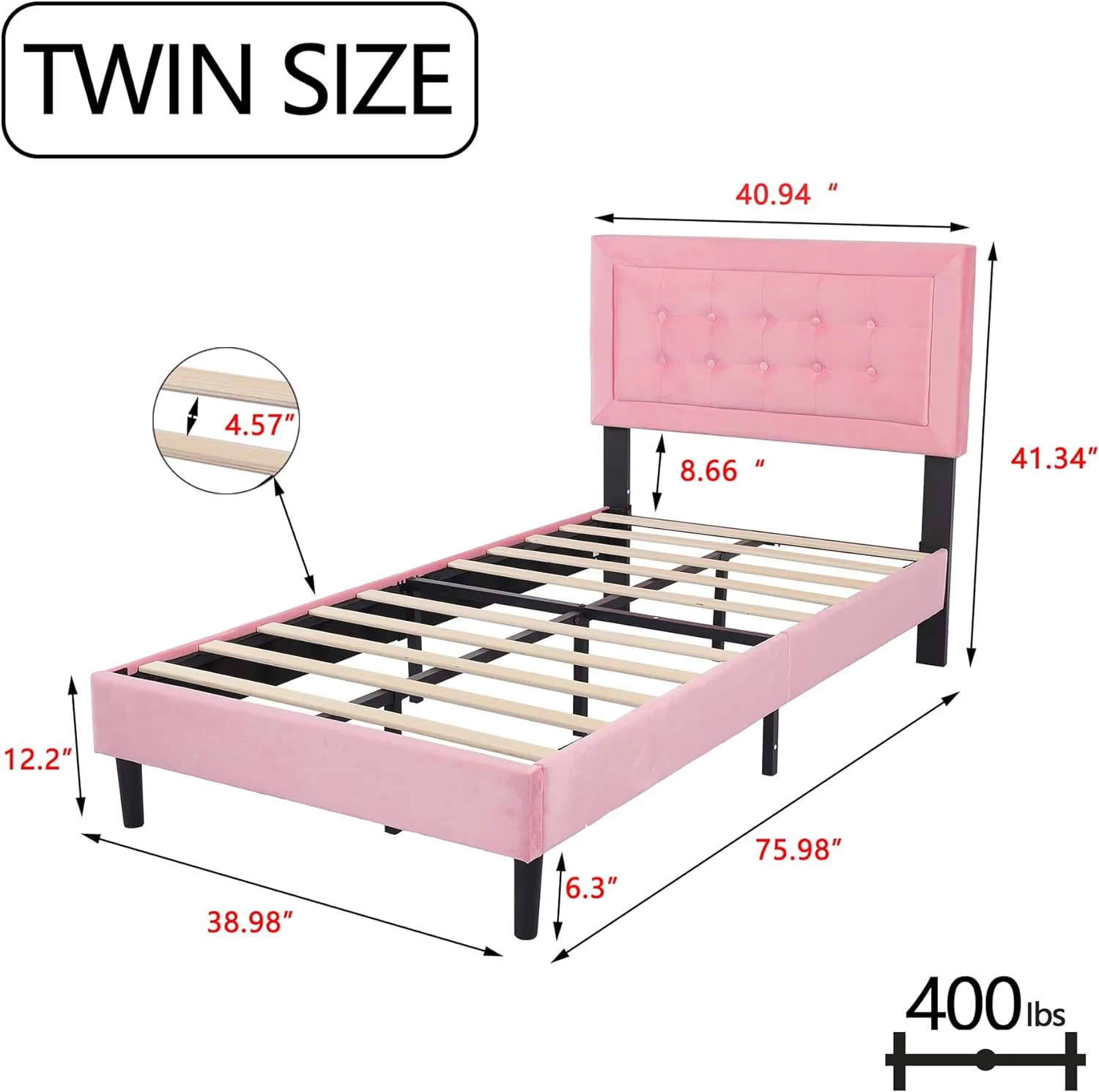 alazyhome Velvet Upholstered Platform Bed Frame Twin Size with Button Tufting Headboard , Easy Assembly, Pink - Inhomebuy
