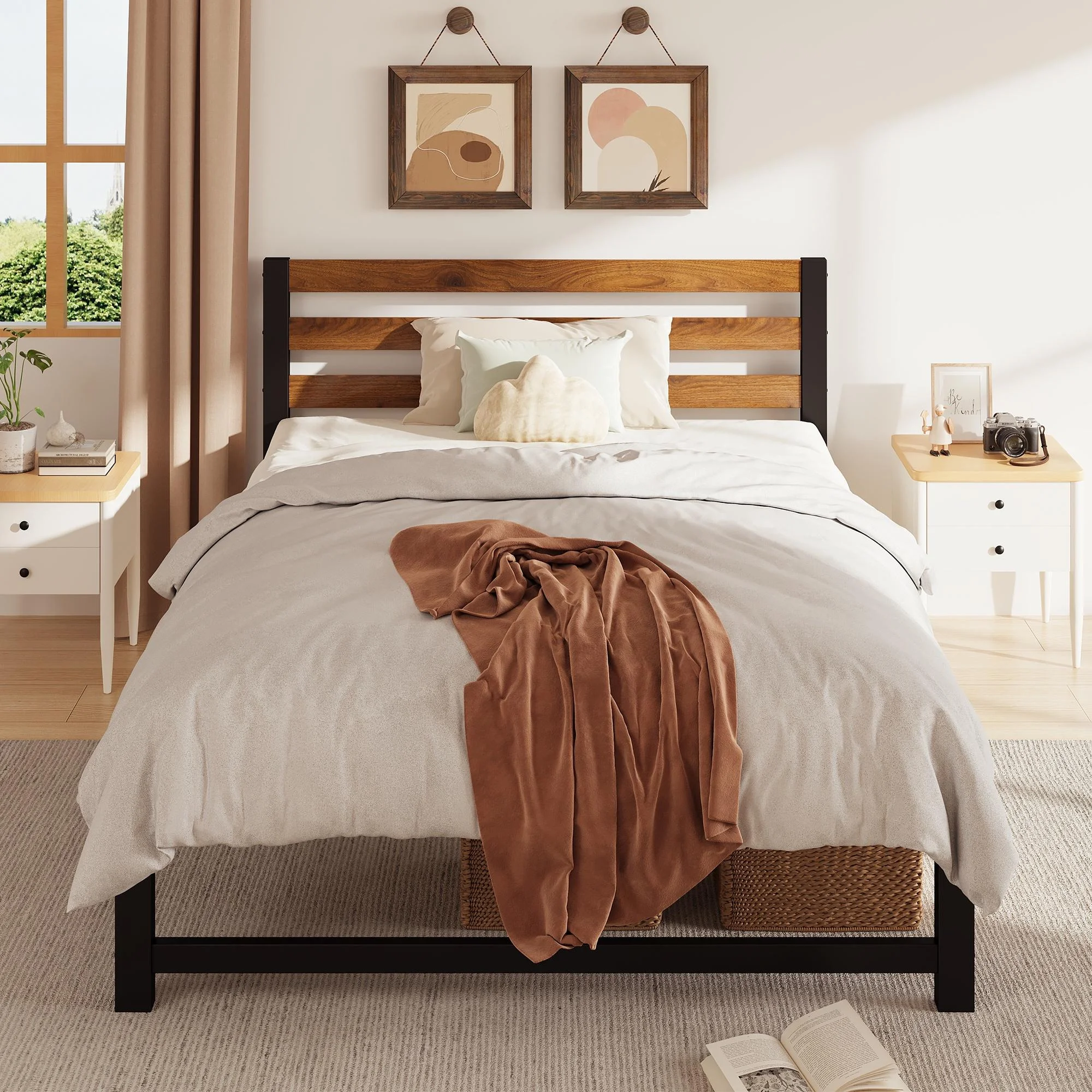 uhomepro Queen Platform Bed Frame with Headboard, Rustic Brown and Black Metal Platform Bed Frame with Heavy Duty Metal Slats, No Box Spring Needed - Inhomebuy