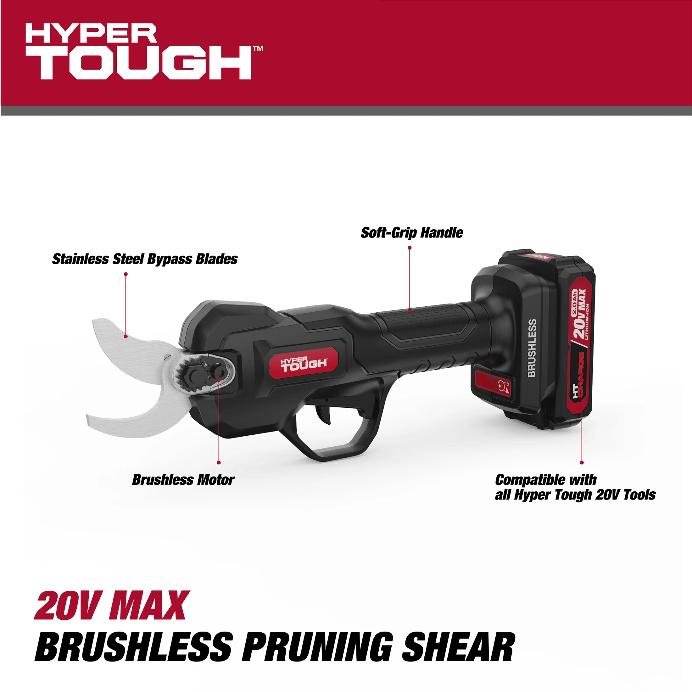 Hyper Tough 20V 2.0Ah Brushless Pruning Shear, HT14-401-003-06 - Inhomebuy