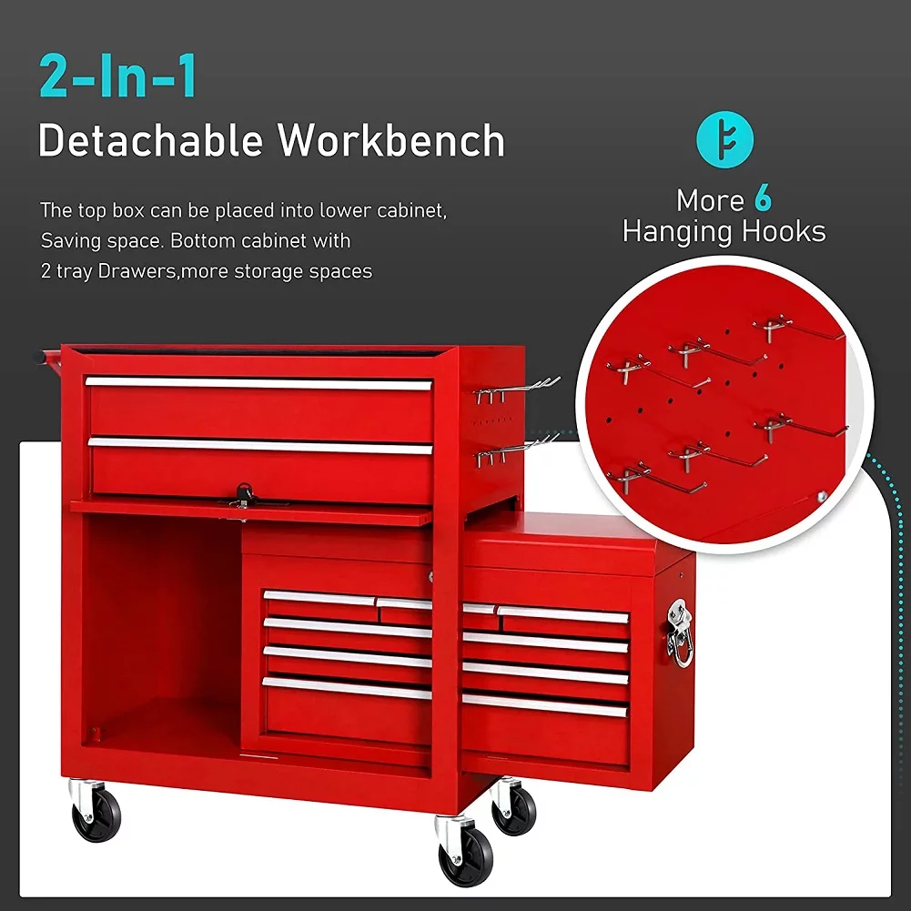 2-IN-1  Tool Chest & Cabinet, Large Capacity 8-Drawer Rolling Tool Box Organizer with Wheels Lockable, Red - Inhomebuy