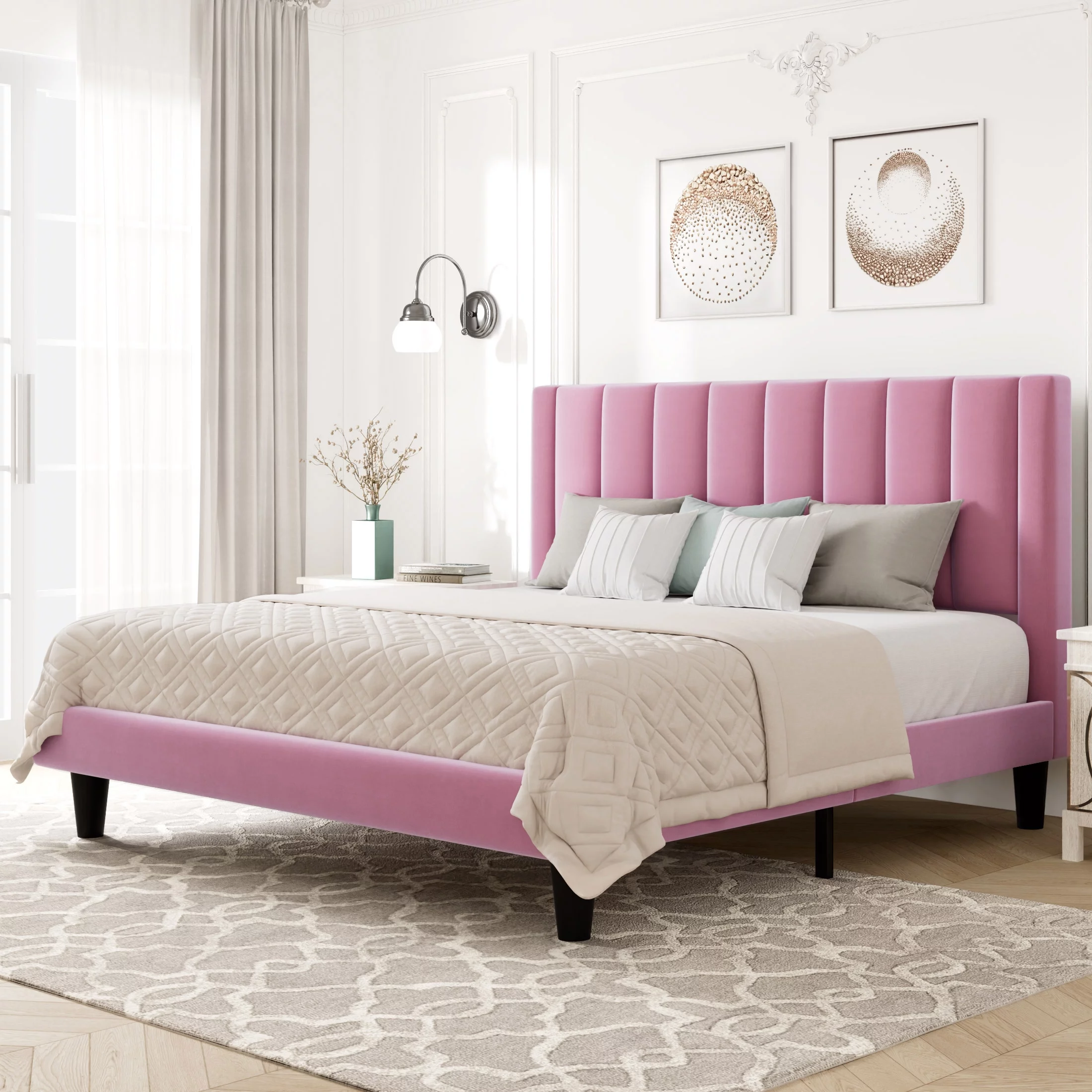 Allewie Queen Velvet Upholstered Bed Frame with Vertical Channel Tufted Headboard, Light Pink - Inhomebuy