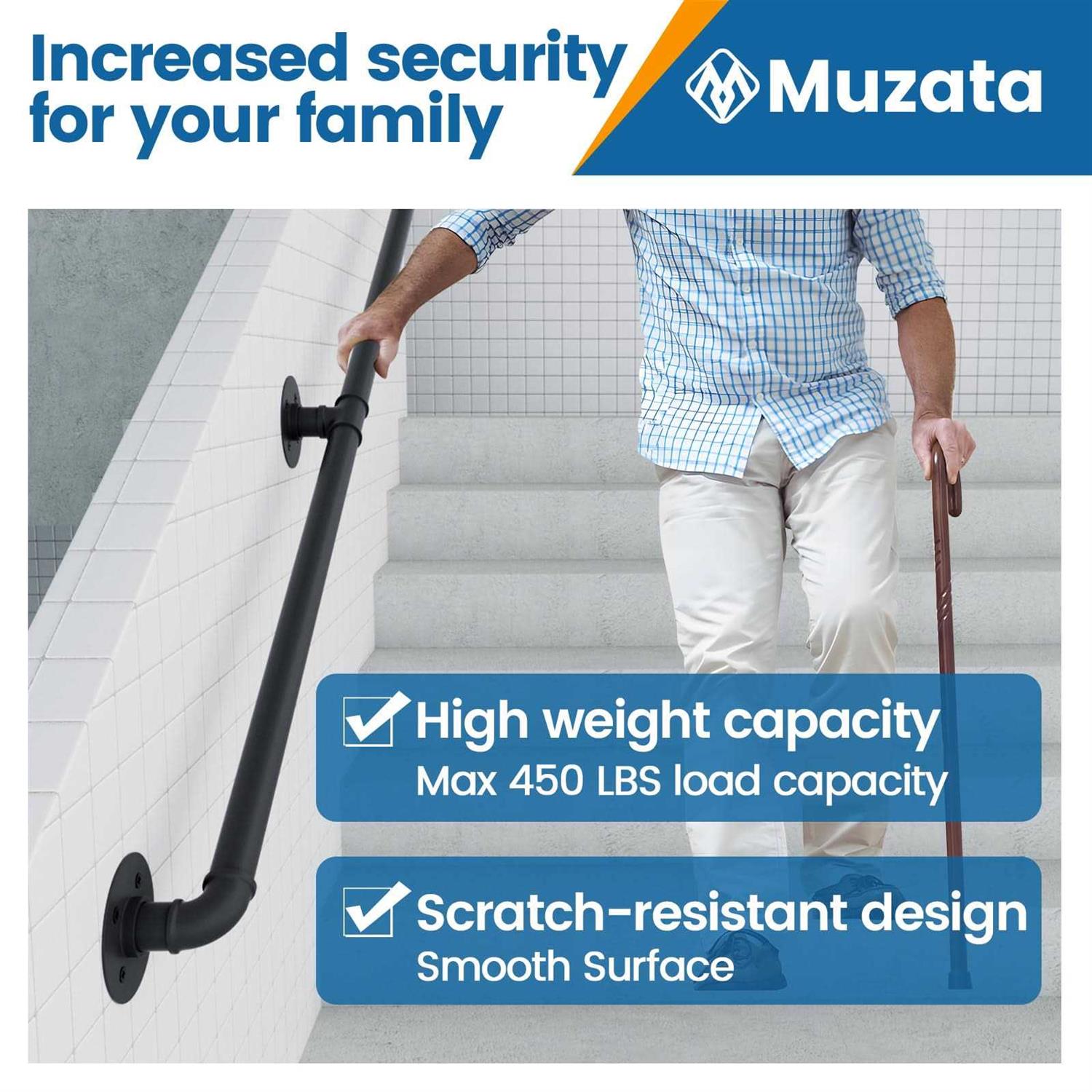 Muzata 10ft Staircase Handrail Black Pipe Handrail Staircase Steps Hand Rail for Indoor Stairs 440LBS Load Capacity Wall Mount Support Galvanized - Inhomebuy