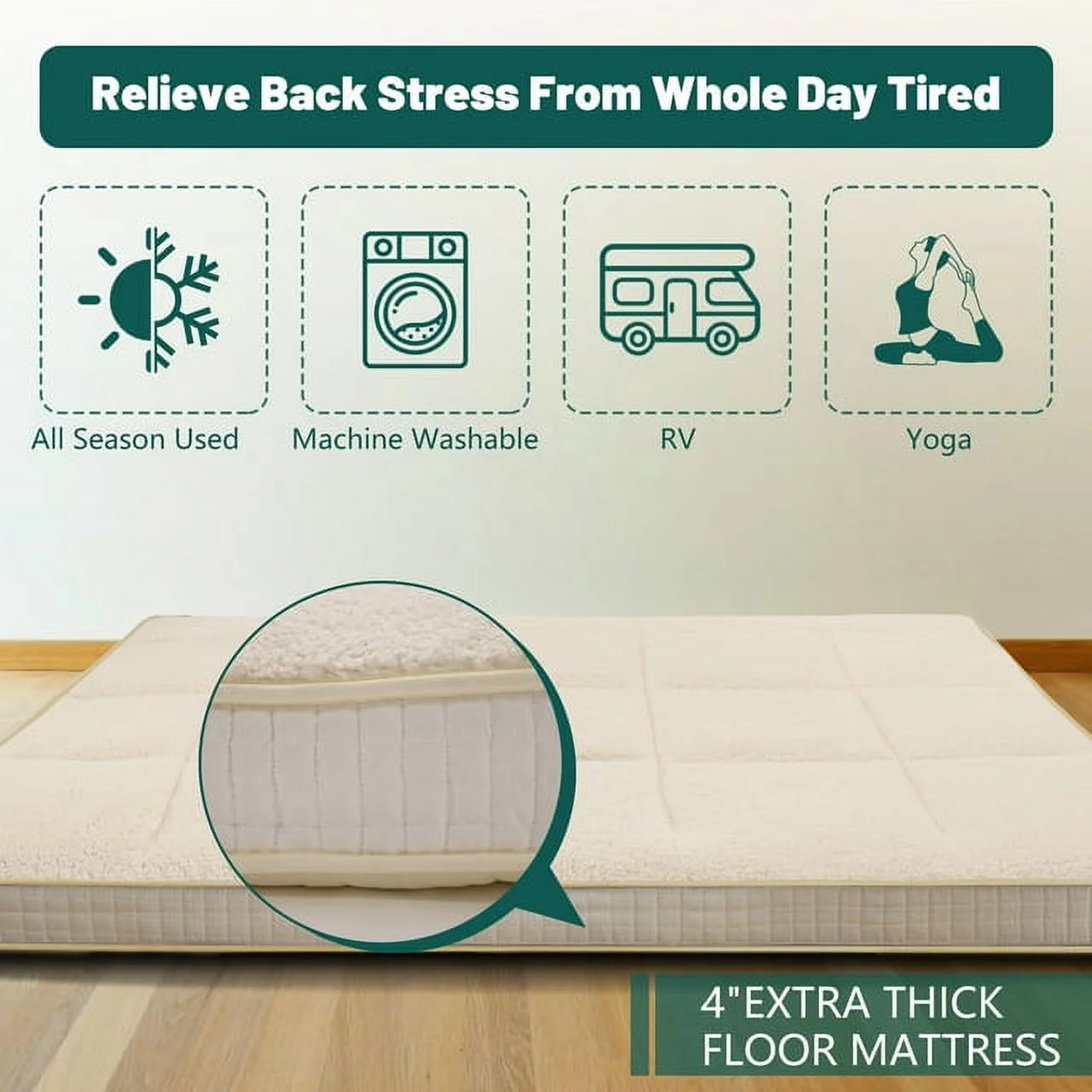 ABORON Japanese Floor Mattress, Upgraded Reversible Winter Futon Mattress Foam Mattress, 4