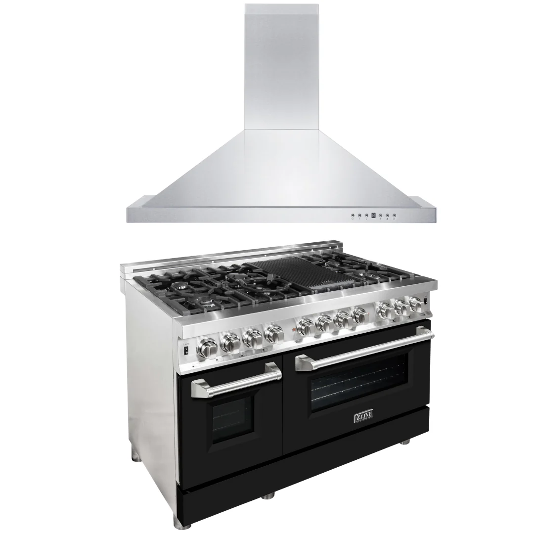 ZLINE 48 in. Dual Fuel Range with Black Matte Door & 48 in. Range Hood Appliance Package, 2KP-RABLMRH48 - Inhomebuy