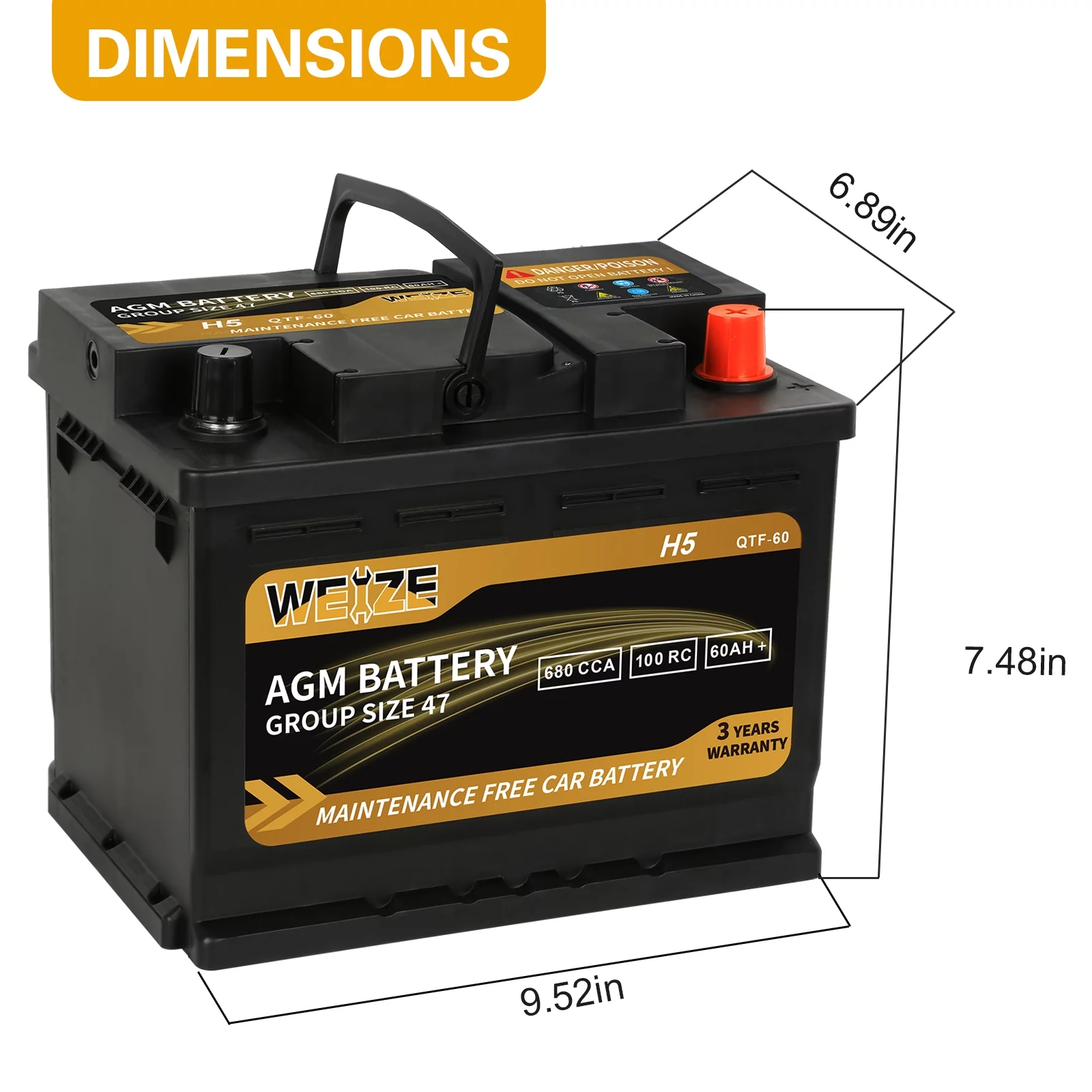 Weize Platinum AGM Battery BCI Group 48-12v 70ah H6 Size 48 Automotive Battery, 120RC, 760CCA, 36 Months Warranty - Inhomebuy