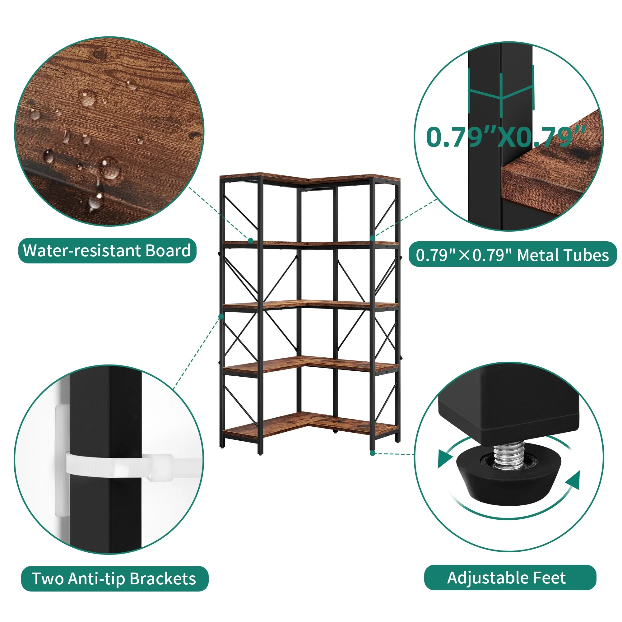 5-Tier L-Shaped Bookcase Storage Organizer, Tall Corner Bookshelf Open Display Freestanding Storage,Dark Gray - Inhomebuy