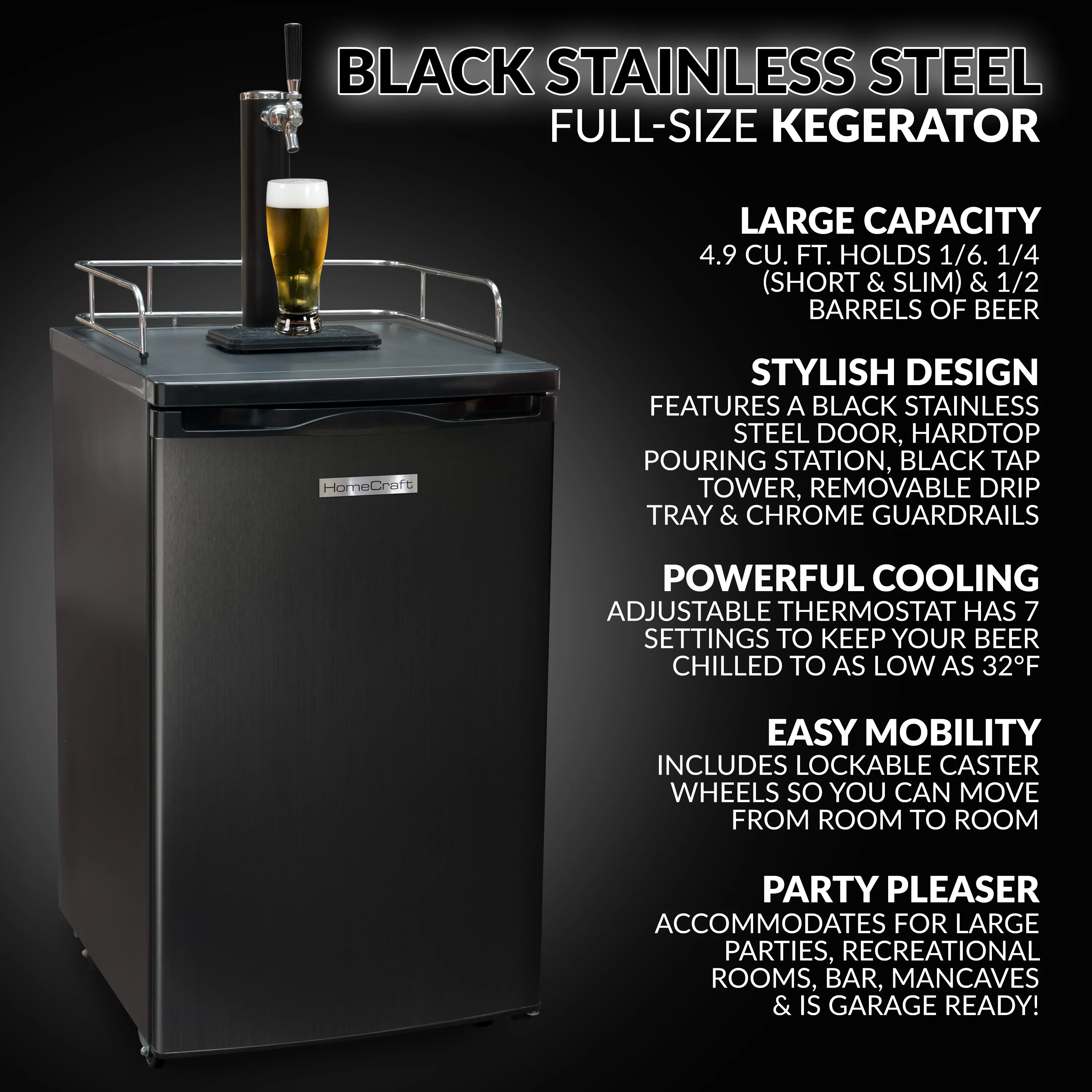 HomeCraft�?4.9 Cu. Ft. Full Size Kegerator Draft Beer Dispenser, Black Stainless Steel - Inhomebuy