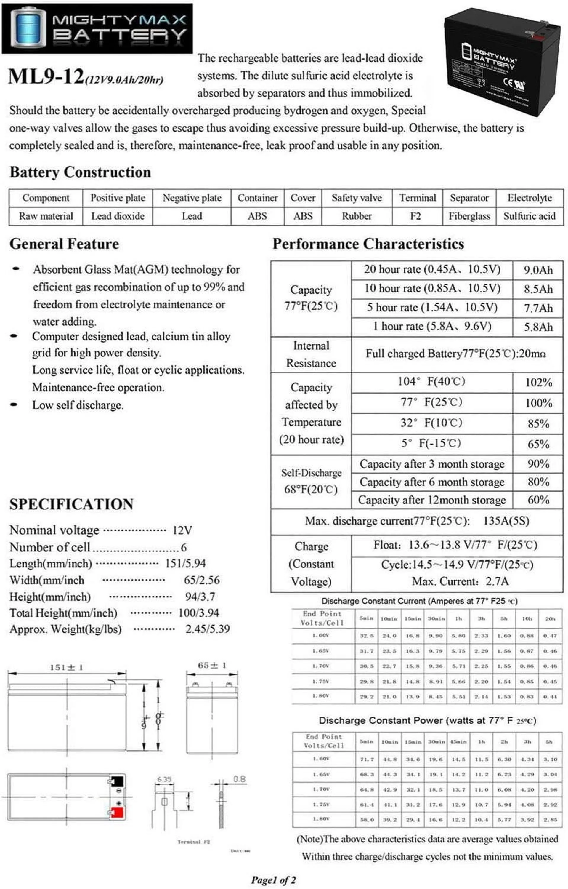 ML9-12 - 12V 9AH 6FM9 Wheelchair Scooter SLA AGM Battery - Inhomebuy