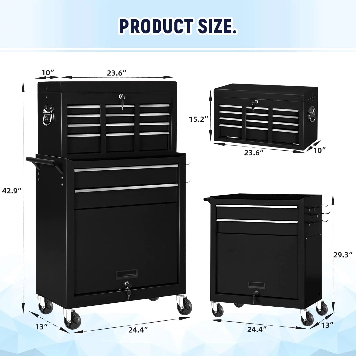 8-Drawer Rolling Tool Chest Metal Tool Box Lockable Storage Cabinet with Wheels, Black - Inhomebuy