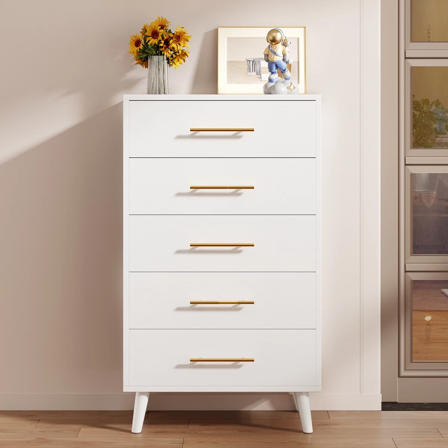 5 Drawer Dresser for Bedroom, Lofka Tall Chest of Drawers with Metal Handles,Nursery Dresser, White - Inhomebuy