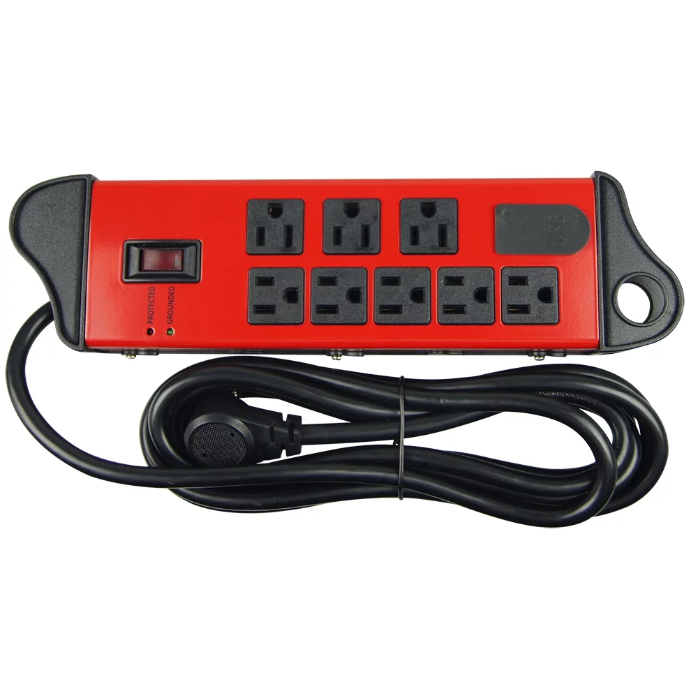 Hyper Tough 8-Outlet 10ft Metal Surge 1780-Joule Protection with 2 Usb, Red - Inhomebuy