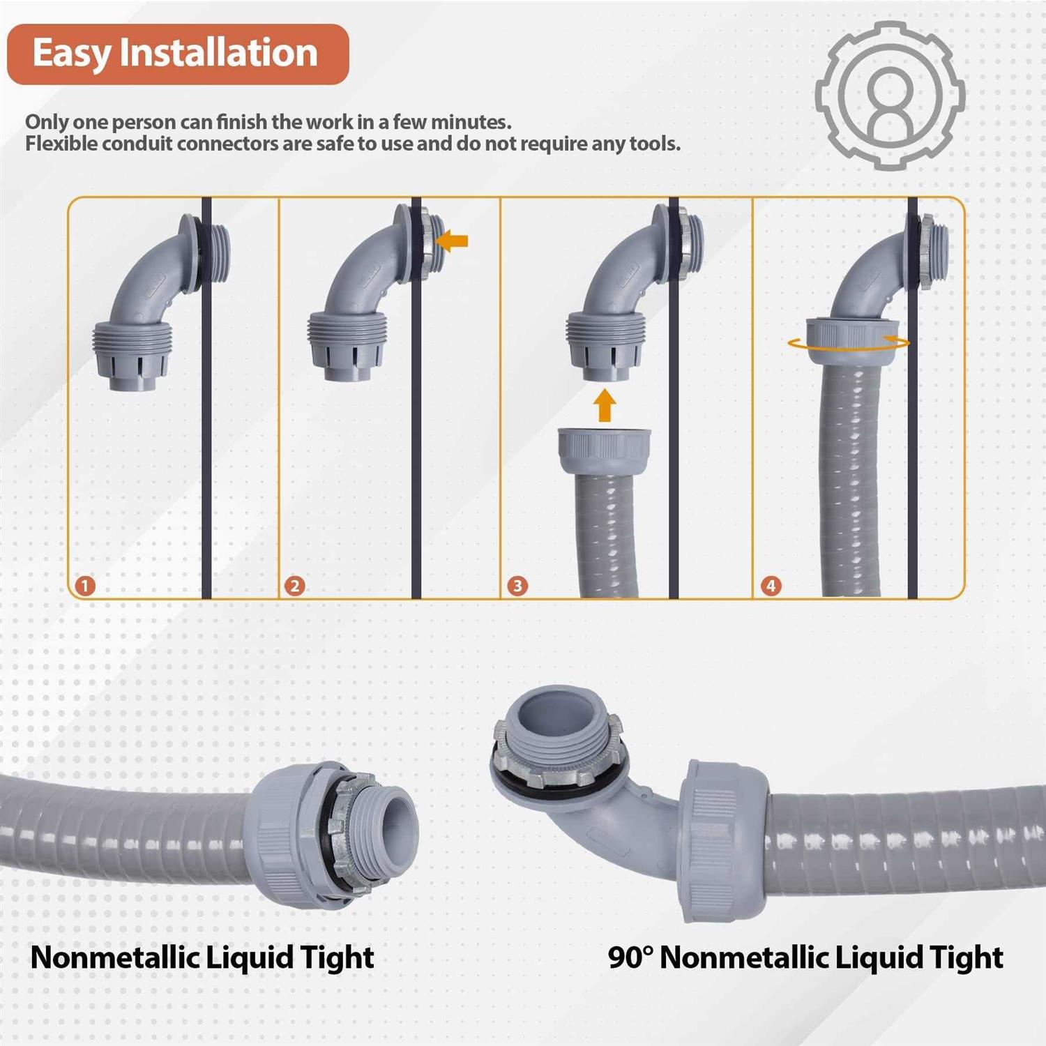 Neorexon Liquid-Tight Conduit and 10 Pieces of Connector Kit, Electrical Conduit Flexible Conduit with 5 Straight and 5 90-Degree - Inhomebuy