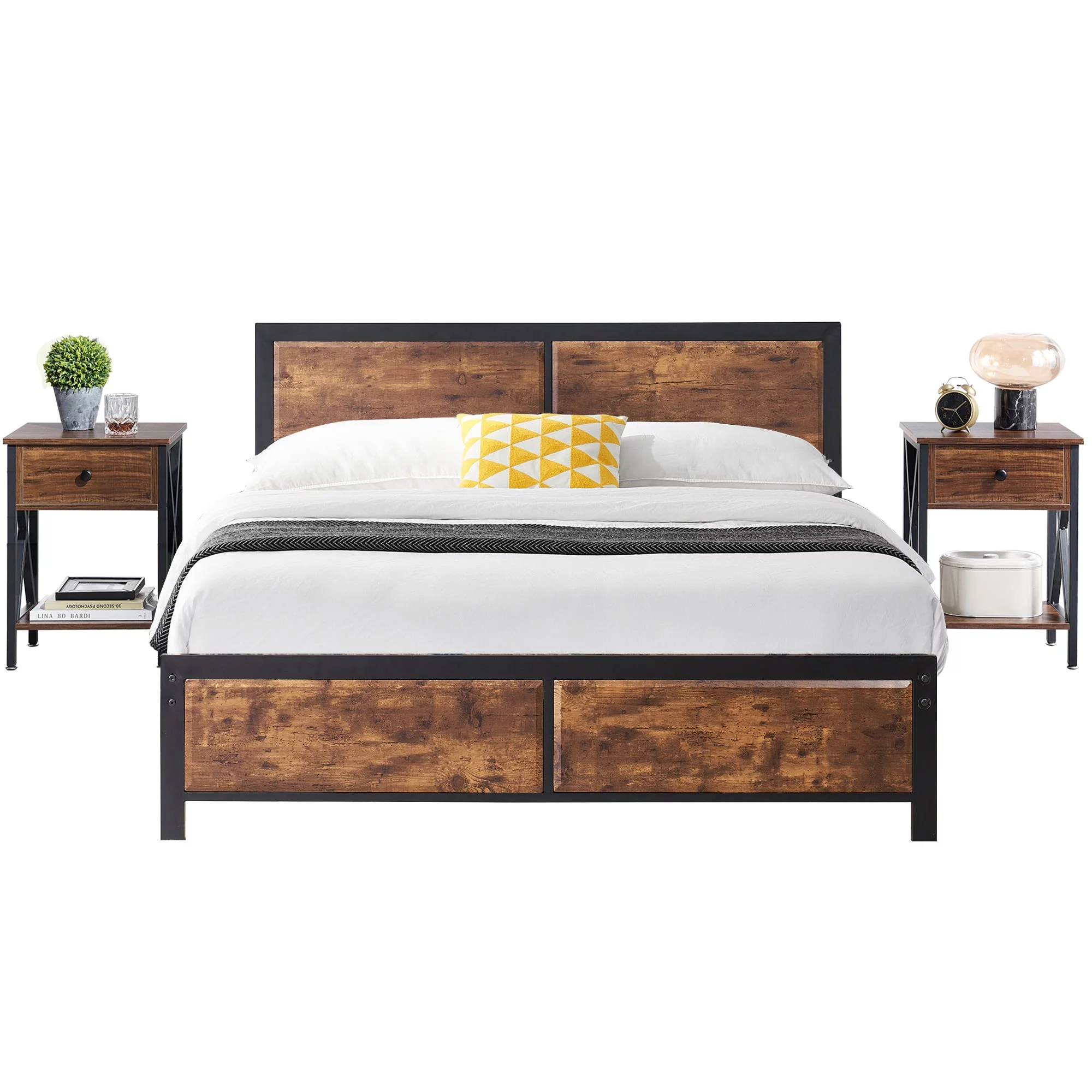 VECELO 3-Piece Bedroom Set with Queen Size Bed Frame and 1-Drawer Brown Nightstands - Inhomebuy