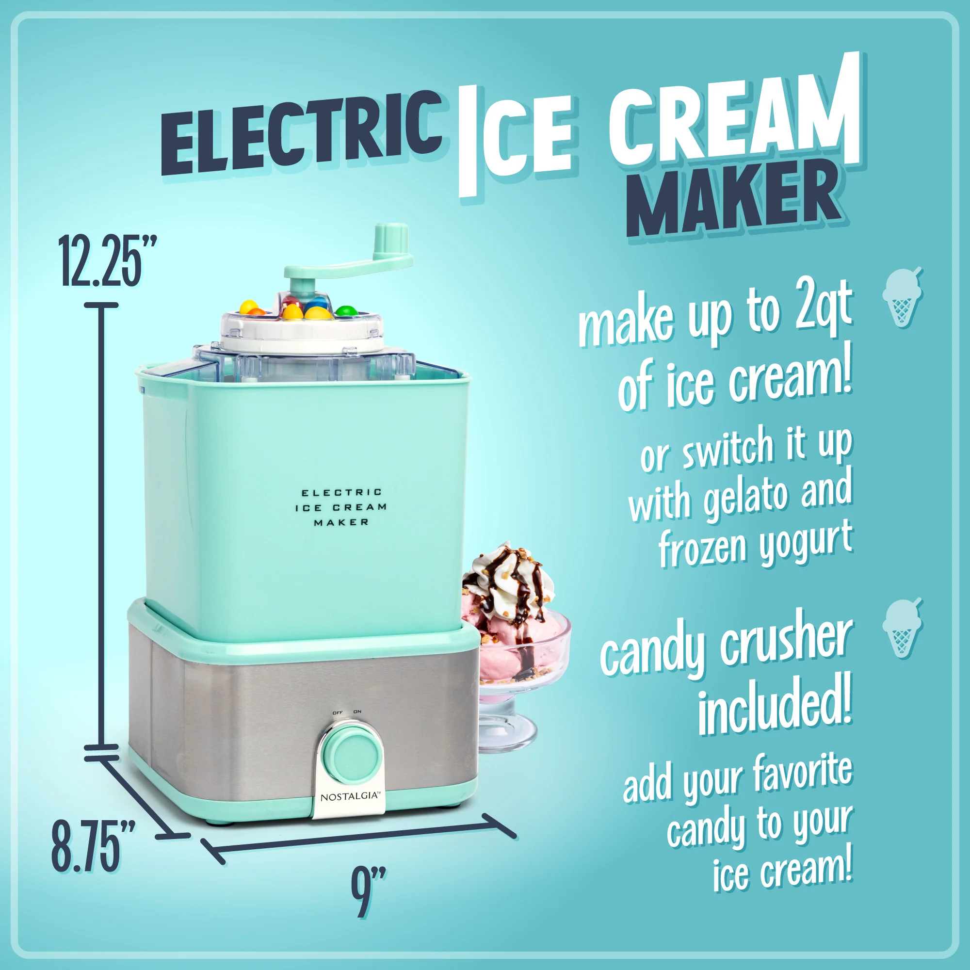 2-Quart Electric Ice Cream Maker With Candy Crusher, Aqua/Stainless Steel - Inhomebuy