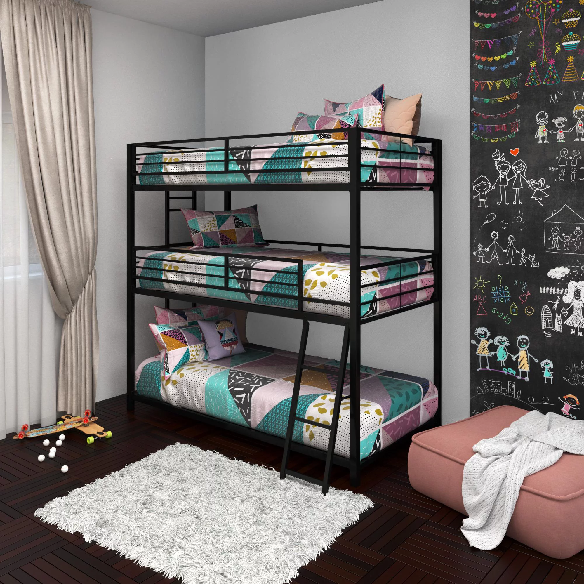 Your Zone June Triple Twin Metal Bunk Bed, Black - Inhomebuy