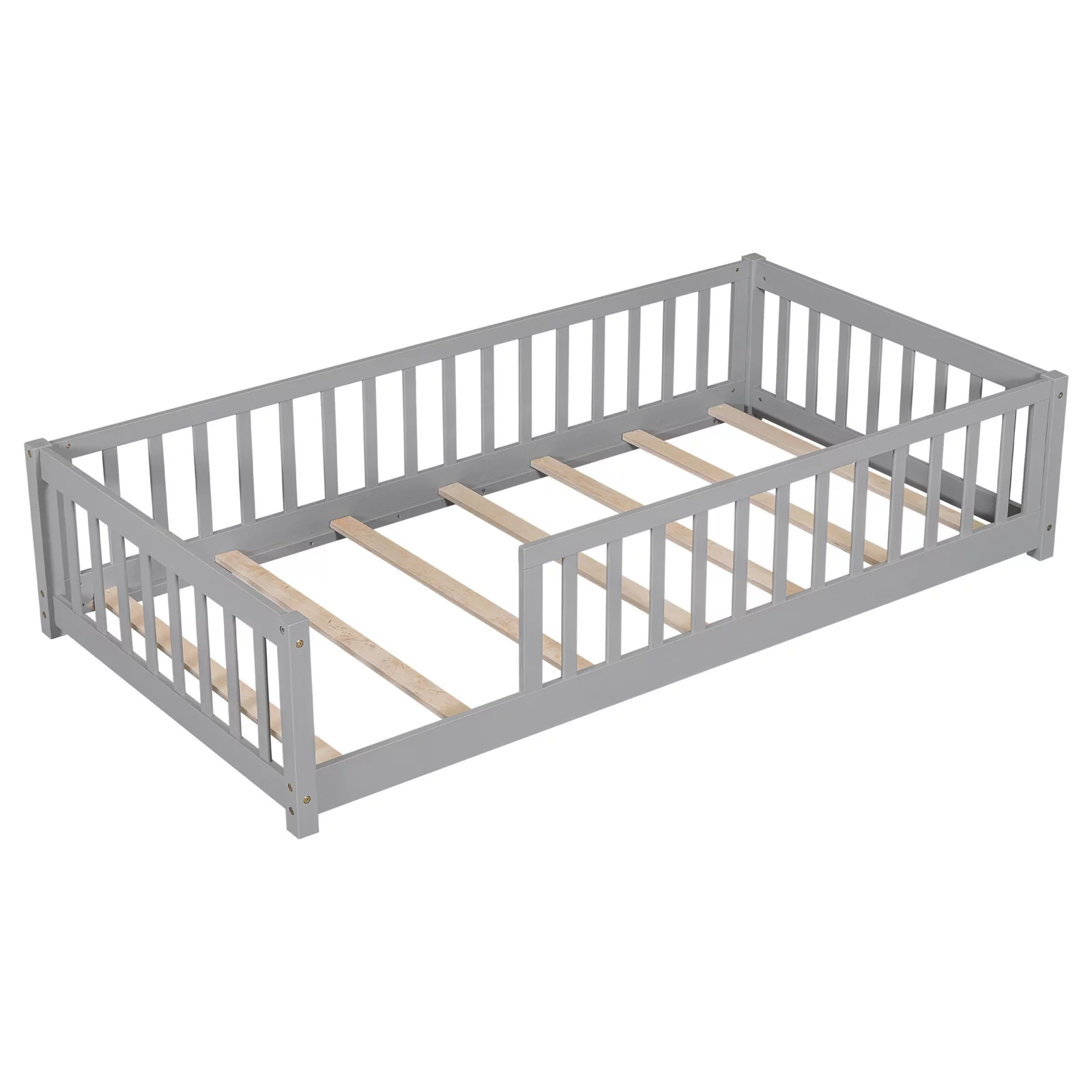 Twin Floor Bed Frame for Toddler, Montessori Floor Bed with Fence and Wood Slats, Low Wood Platform Beds for Girls Boys Kids Happy Time, White - Inhomebuy