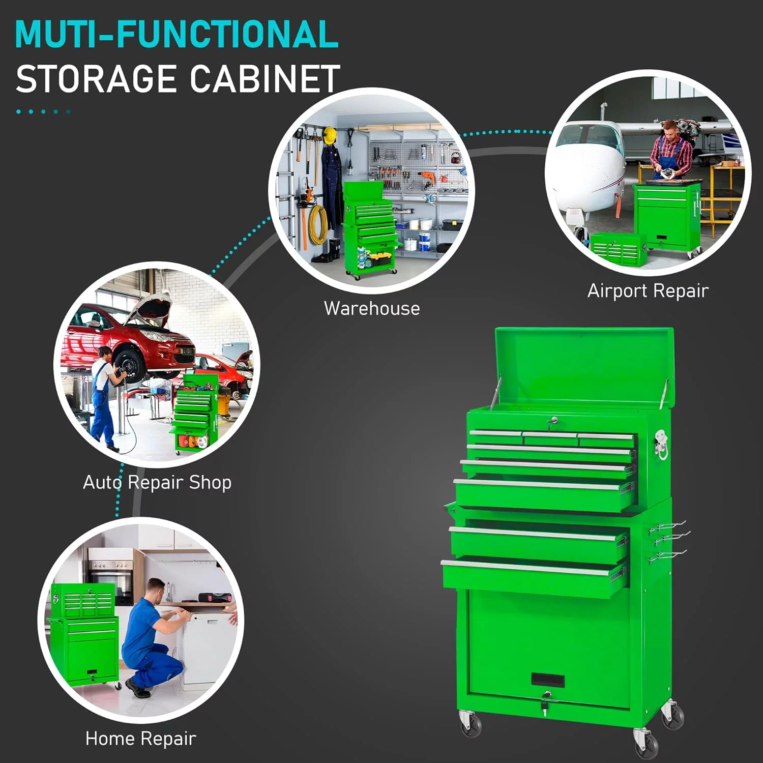 2-IN-1  Tool Chest & Cabinet, Large Capacity 8-Drawer Rolling Tool Box Organizer with Wheels Lockable Craft, Black - Inhomebuy