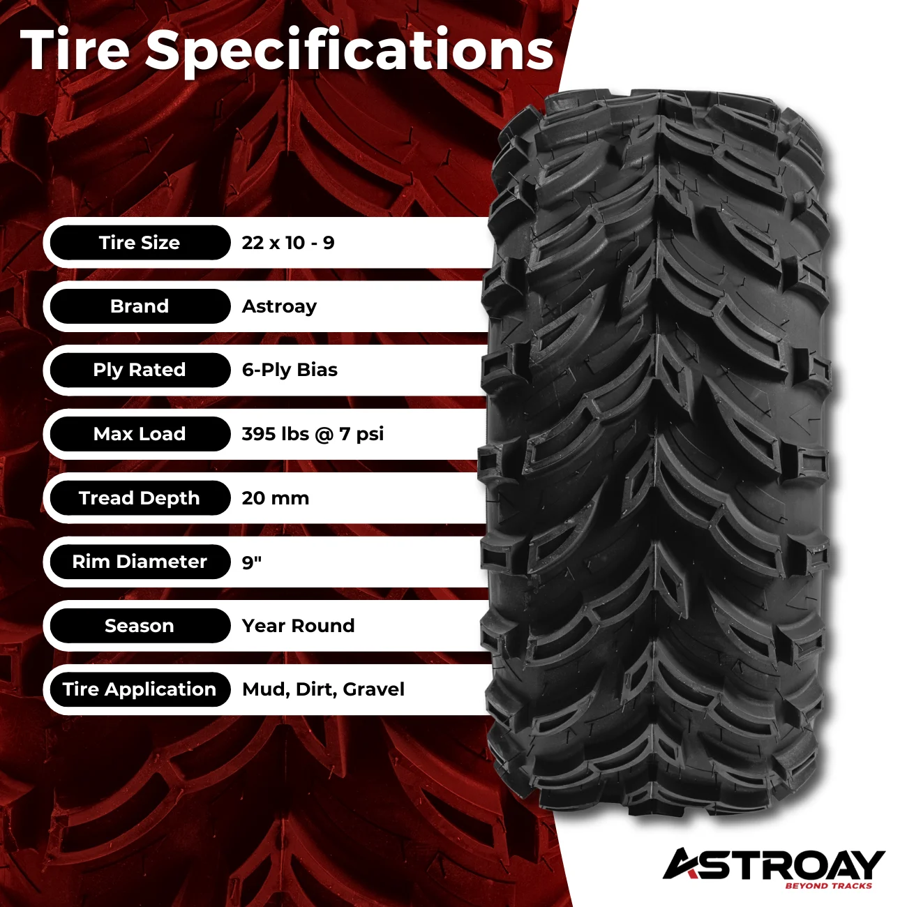 22 x 10 - 9 Astroay Mars-B Utility ATV/UTV Tire - Inhomebuy