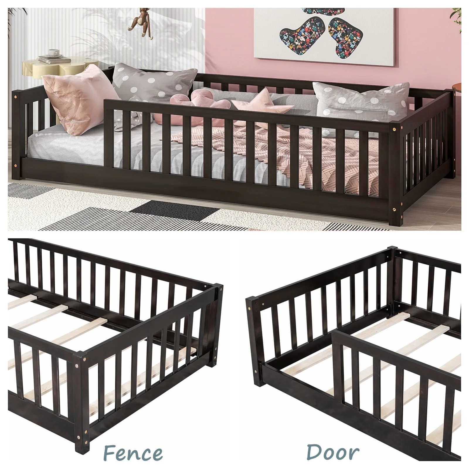 Twin Floor Bed Frame for Toddler, Montessori Floor Bed with Fence and Wood Slats, Low Wood Platform Beds for Girls Boys Kids Happy Time, White - Inhomebuy