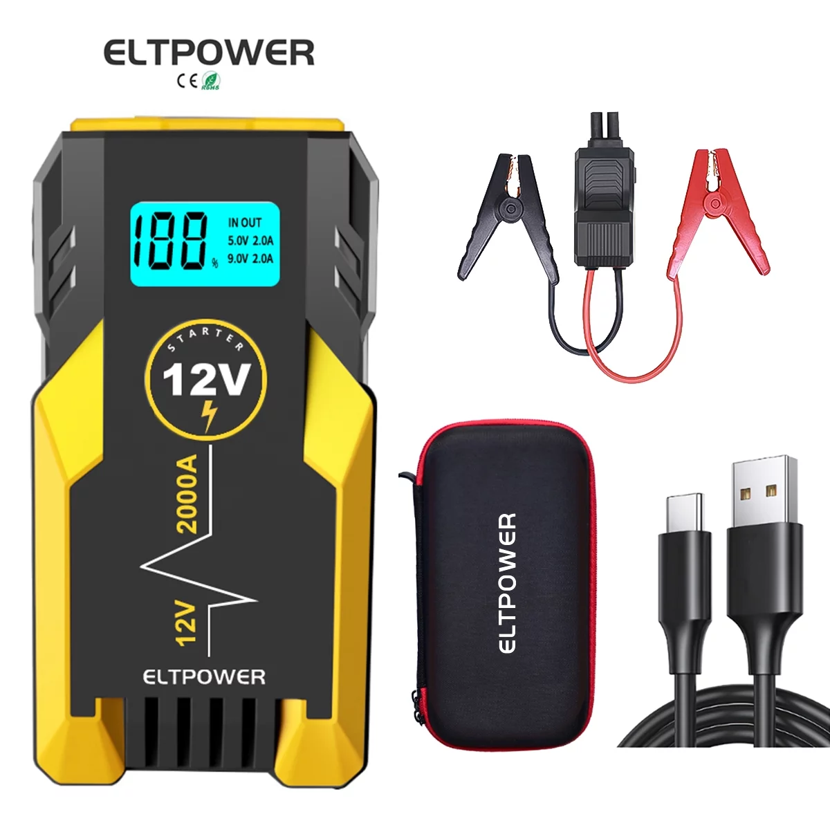 ELTPOWER 20000mAh Car Battery Jump Starter for Up to 9L Gas 7L Diesel, 2000A Peak Auto Car Jump Starter with LED and USB Quick Charge 3.0 - Inhomebuy