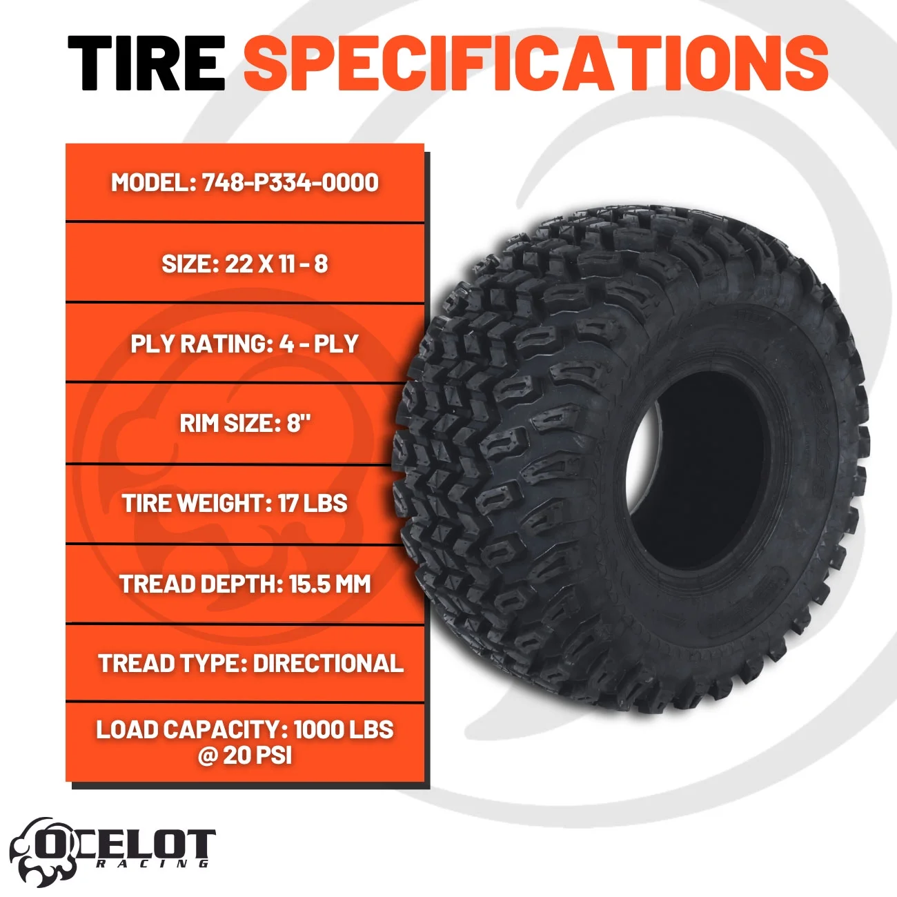 22x11-8 P334 4-PLY GOLF CART OCELOT TIRES (SET OF 2) - Inhomebuy