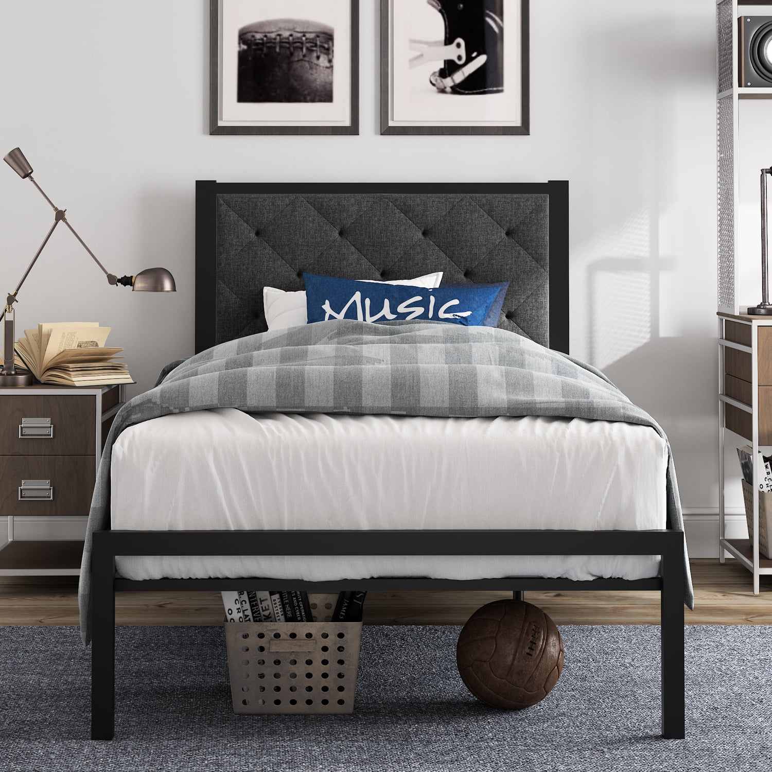Amolife Twin Size Metal Bed Frame with Upholstered Headboard, Dark Grey - Inhomebuy