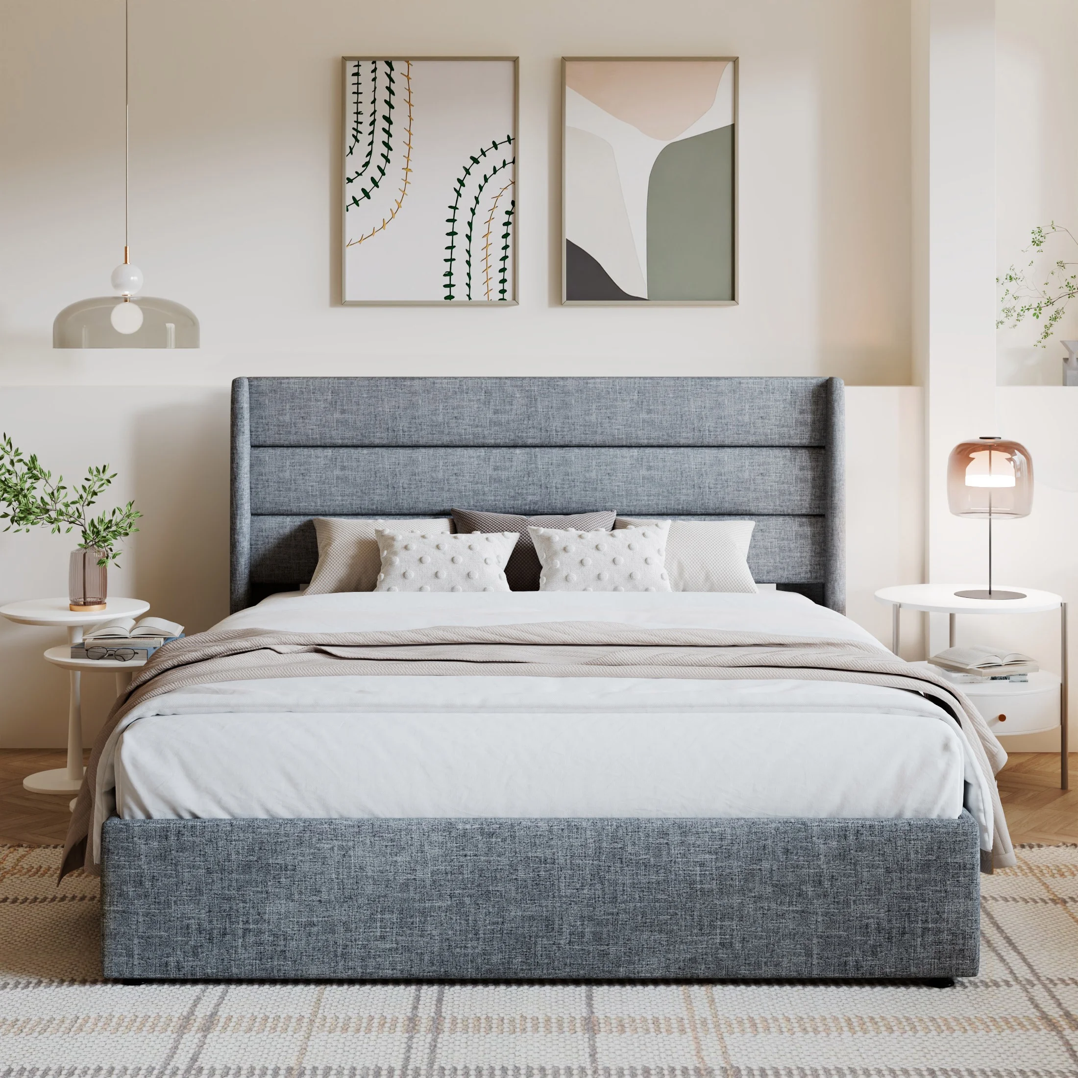 Amolife King Size Upholstered Lift up Storage Platform Bed Frame with Channel Wingback Headboard, Beige, Adult - Inhomebuy