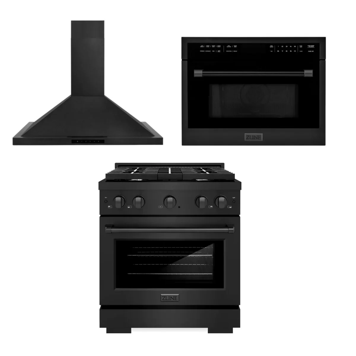 ZLINE Appliance Package - 30 in. Gas Range, Range Hood, and Microwave Oven in Black Stainless Steel, 3KP-SGRBRH30-MO - Inhomebuy