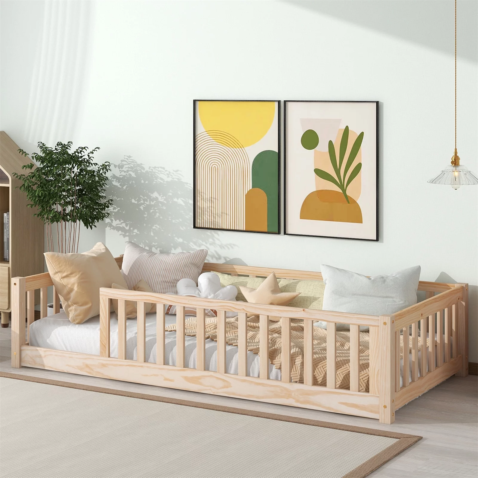 Twin Floor Bed Frame for Toddler, Montessori Floor Bed with Fence and Wood Slats, Low Wood Platform Beds for Girls Boys Kids Happy Time, White - Inhomebuy