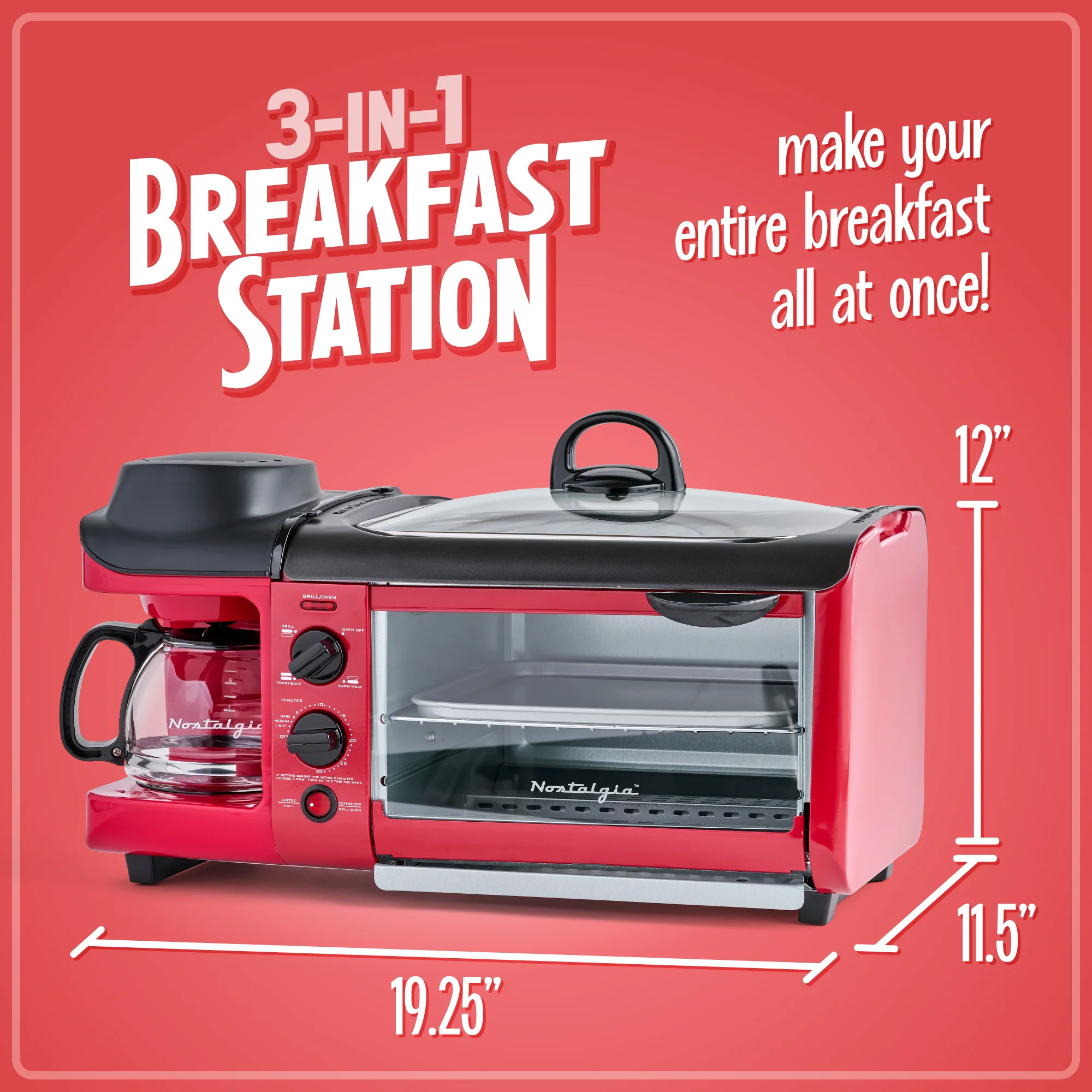 Retro 3-in-1 Family Size Breakfast Station, Retro Red - Inhomebuy