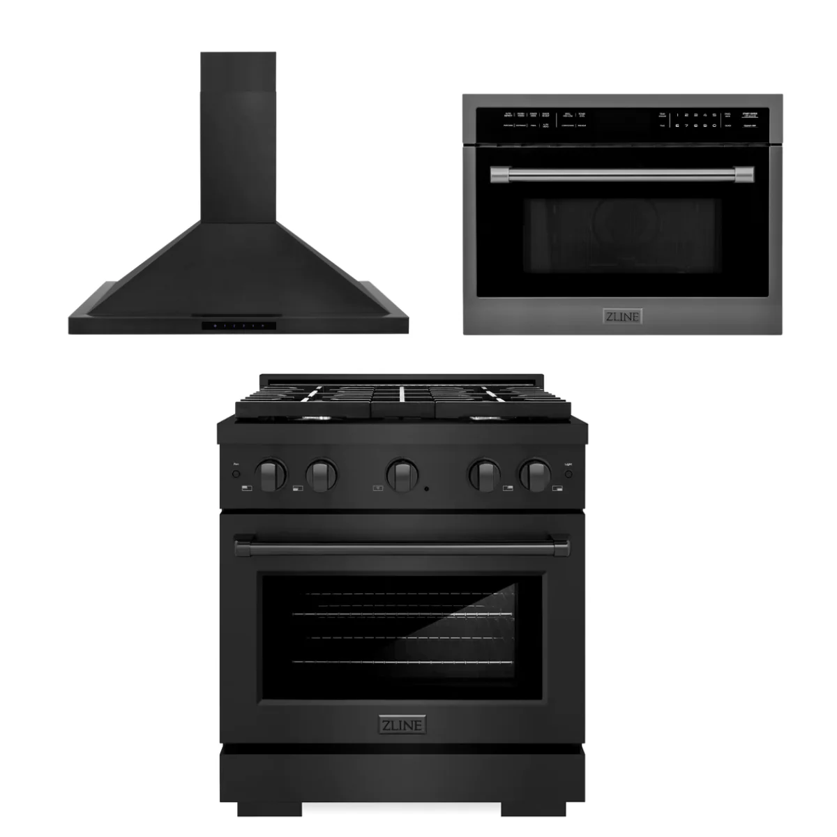 ZLINE Appliance Package - 30 In. Gas Range with Brass Burners, Microwave Oven, Range Hood in Black Stainless Steel, 3KP-SGRBRHMWO-30 - Inhomebuy