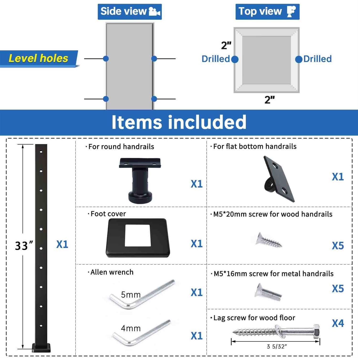 Muzata Level drilled Cable Railing Post 36x2x2 Adjustable Top Level Line Post Top Mount Stainless Steel - Inhomebuy