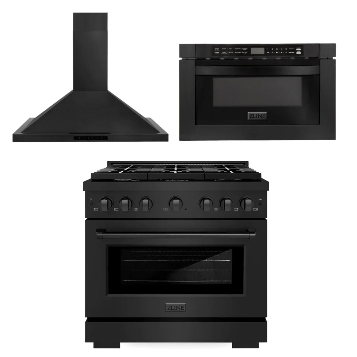ZLINE Appliance Package - 36 in. Gas Range, Range Hood, Microwave Drawer - Black Stainless Steel, 3KP-SGRBRBRH36-MW - Inhomebuy