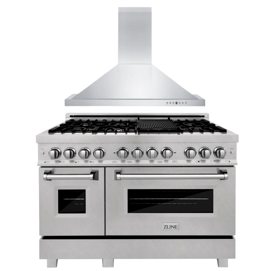 ZLINE 48 in. Dual Fuel Range with DuraSnow® Door & 48 in. Range Hood, 2KP-RASNRH48 - Inhomebuy
