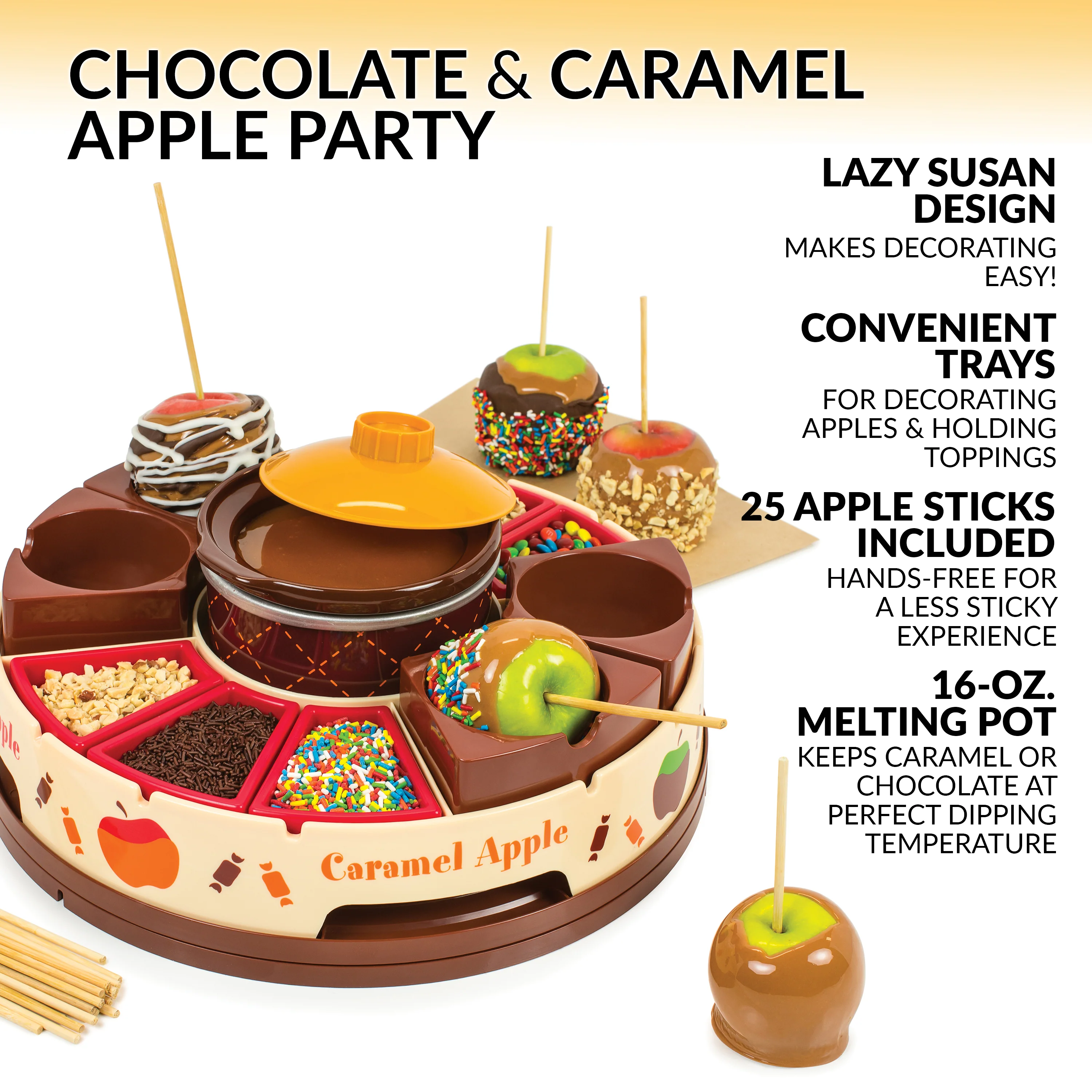 Lazy Susan Chocolate & Caramel Apple Party with Heated Fondue Pot, 25 Sticks, Decorating and Toppings Trays - Inhomebuy