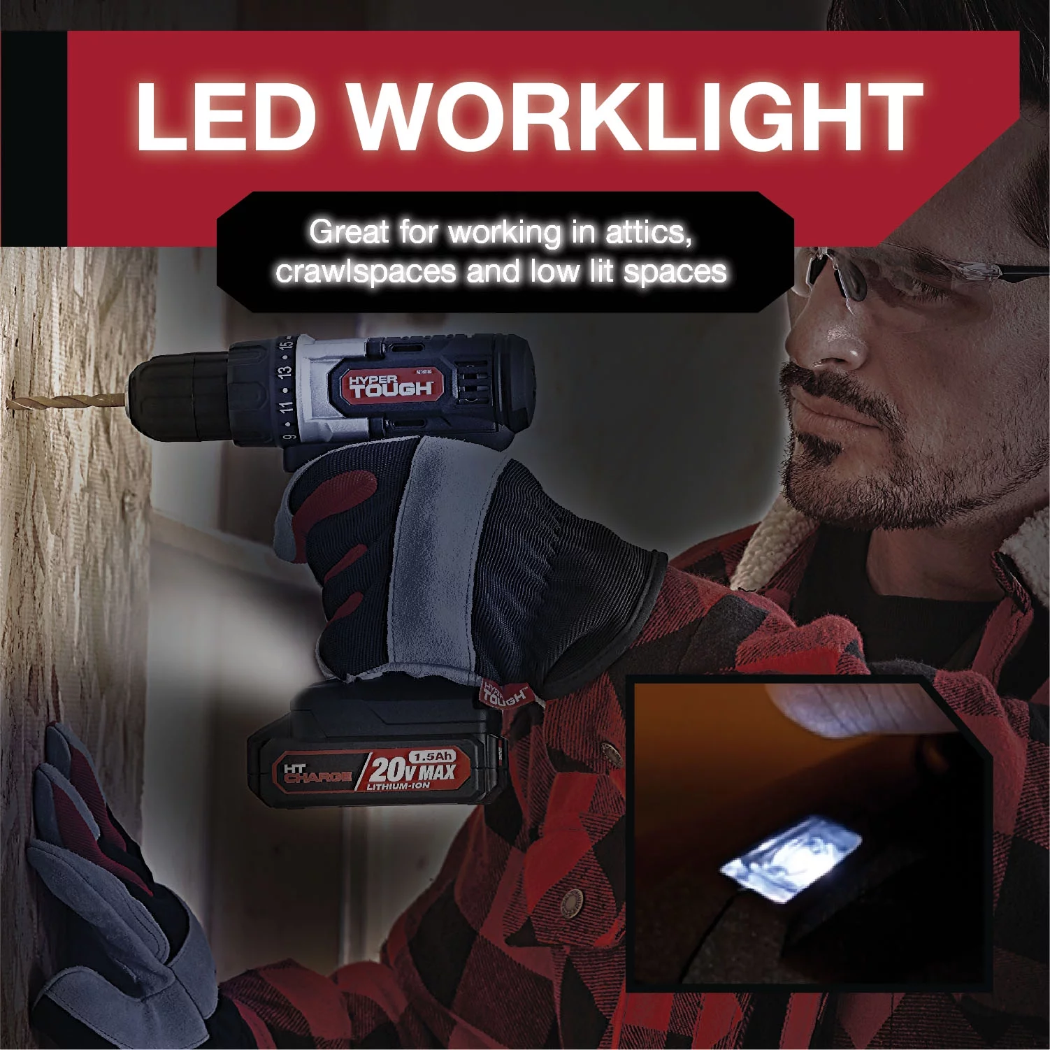 Hyper Tough 20V Max Lithium-Ion 3/8 inch Cordless Drill, 70-Piece Home Tool Set, 1.5Ah Lithium-Ion Battery & Charger, Bit Holder, & Storage Bag - Inhomebuy