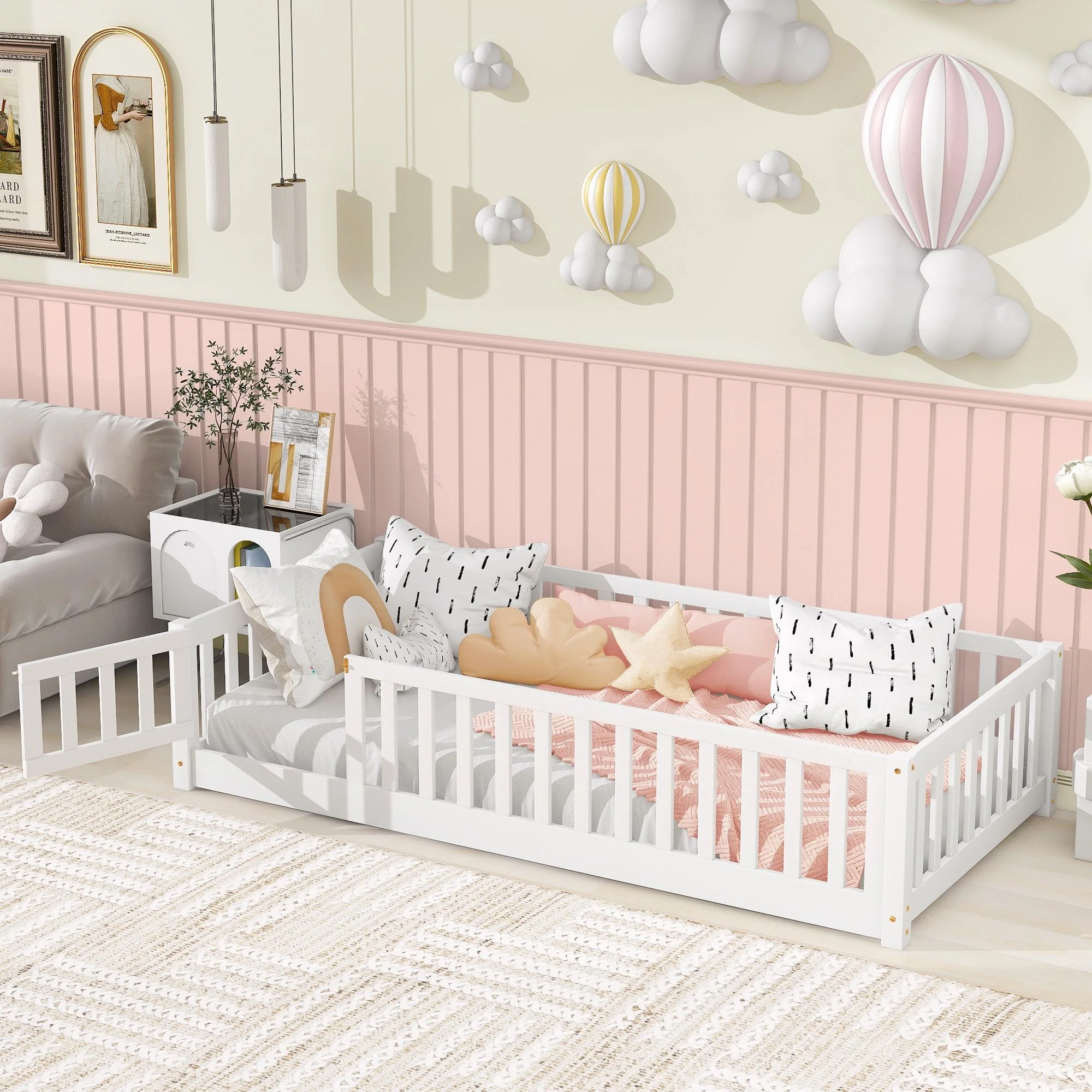 uhomepro Kids Toddler Bed with Fence and Door, Full Size Platform Bed Floor Bed, Wood Bed Frame No Box Spring Needed, Gray - Inhomebuy