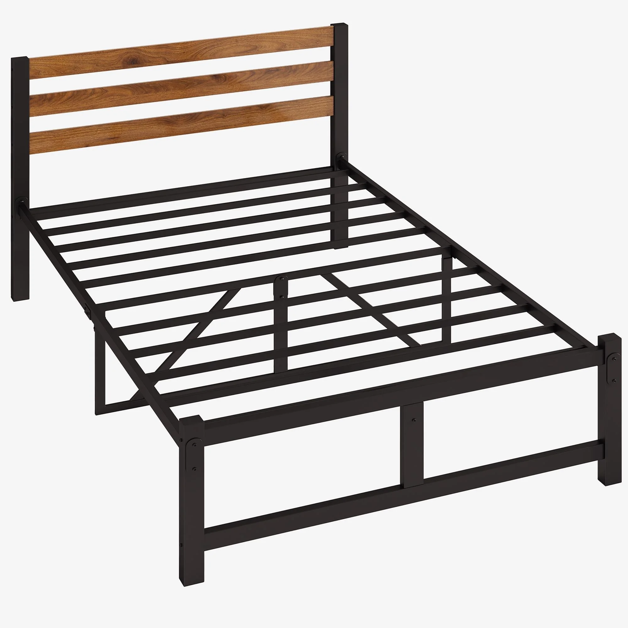 uhomepro Queen Platform Bed Frame with Headboard, Rustic Brown and Black Metal Platform Bed Frame with Heavy Duty Metal Slats, No Box Spring Needed - Inhomebuy