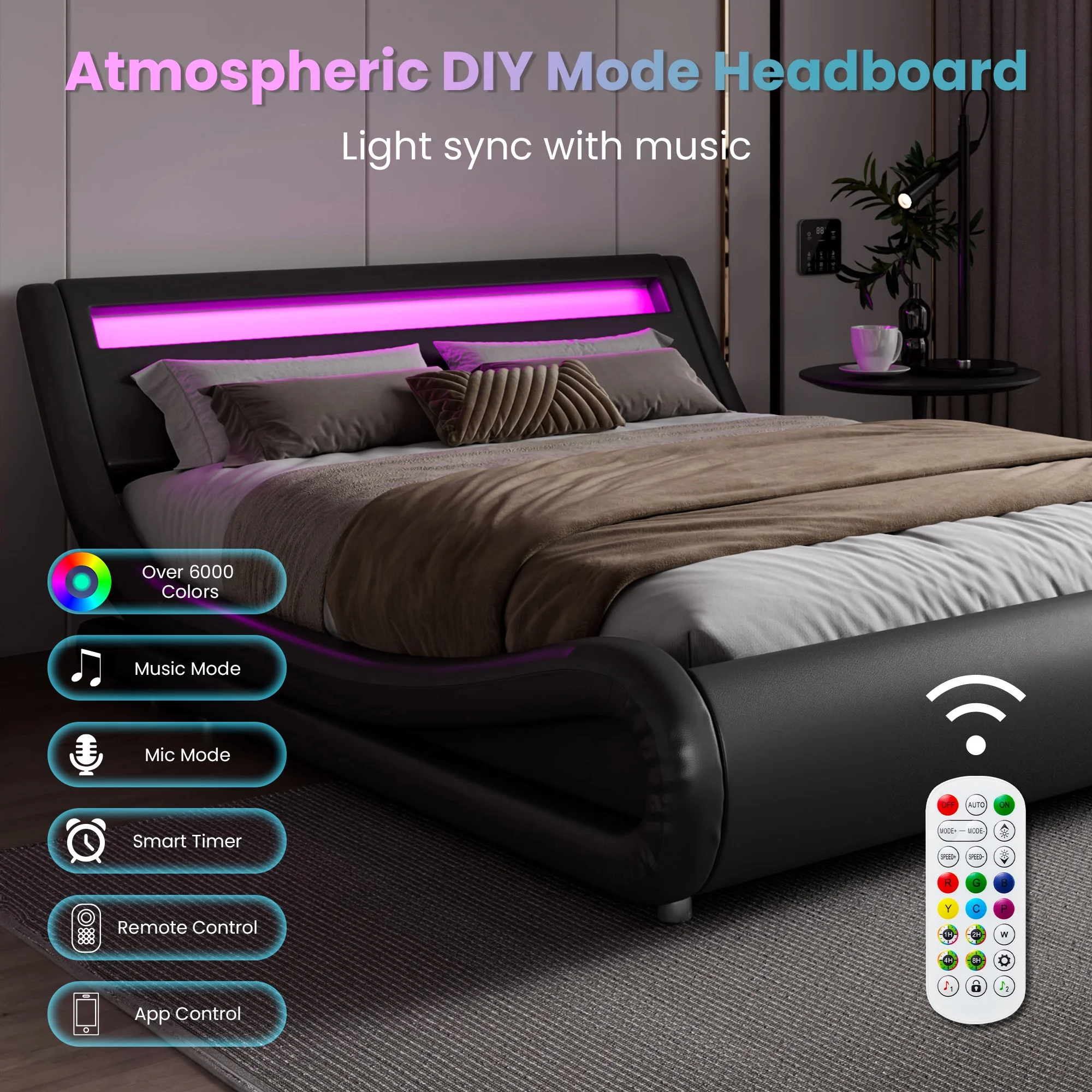 Amolife Queen Size Wave-Like Curve Deluxe Upholstered Modern Bed Frame with LED Headboard, Black - Inhomebuy