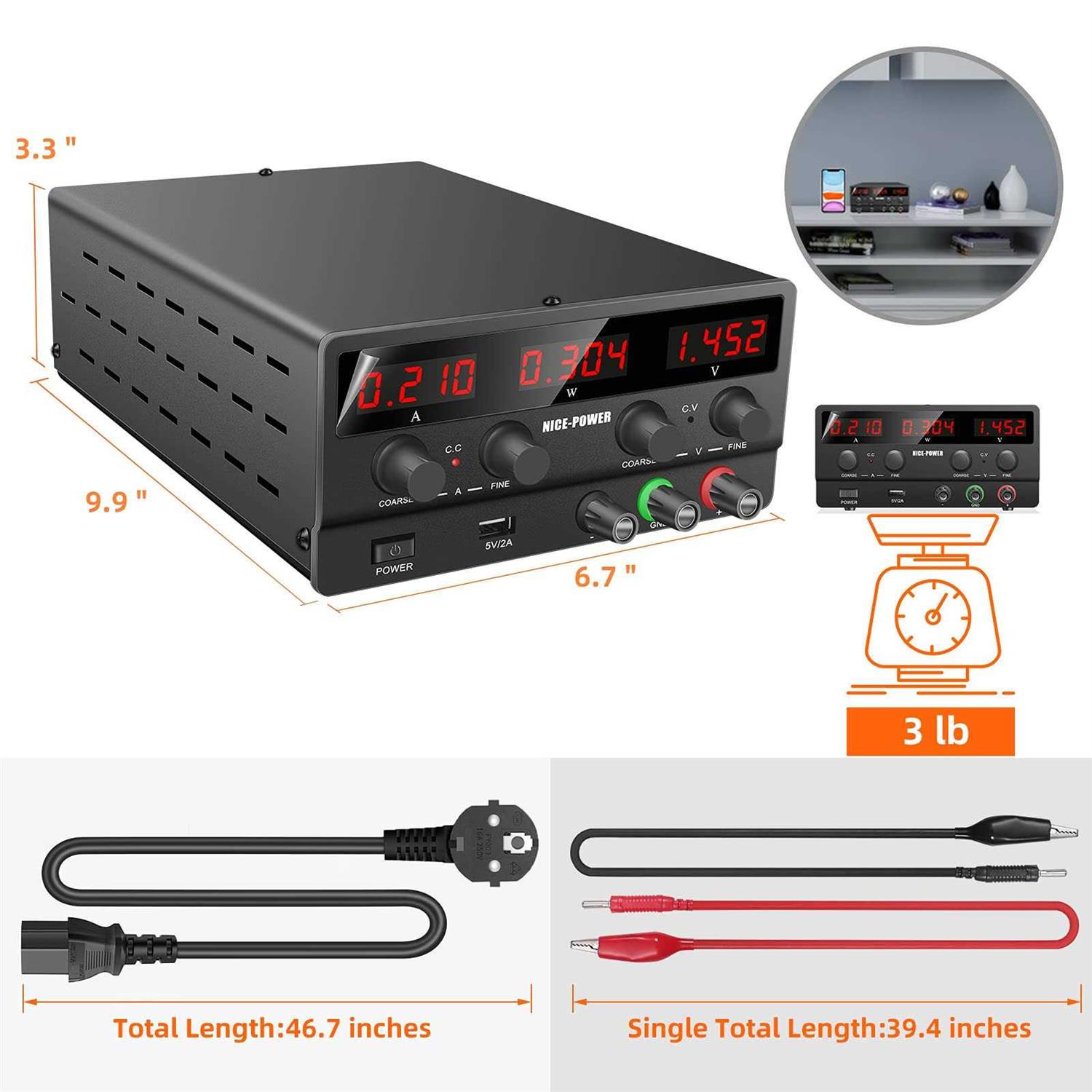 NICE-Power Adjustable DC Power Supply 30v 5A Variable Switching Regulated High Precision 4-Digits LED Display 5V/2A USB Port Output & Input Power - Inhomebuy