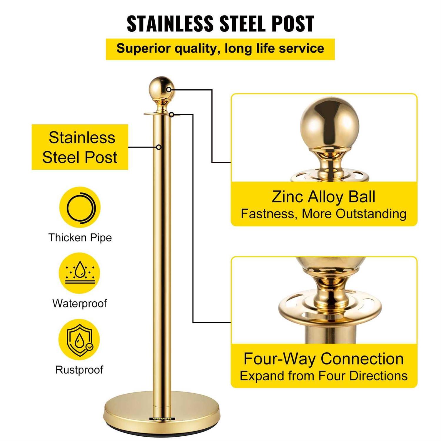 VEVOR Velvet Ropes and Posts 5 ft. Red Rope Stainless Steel Gold Stanchion with Ball Top Crowd Control Barrier - Inhomebuy