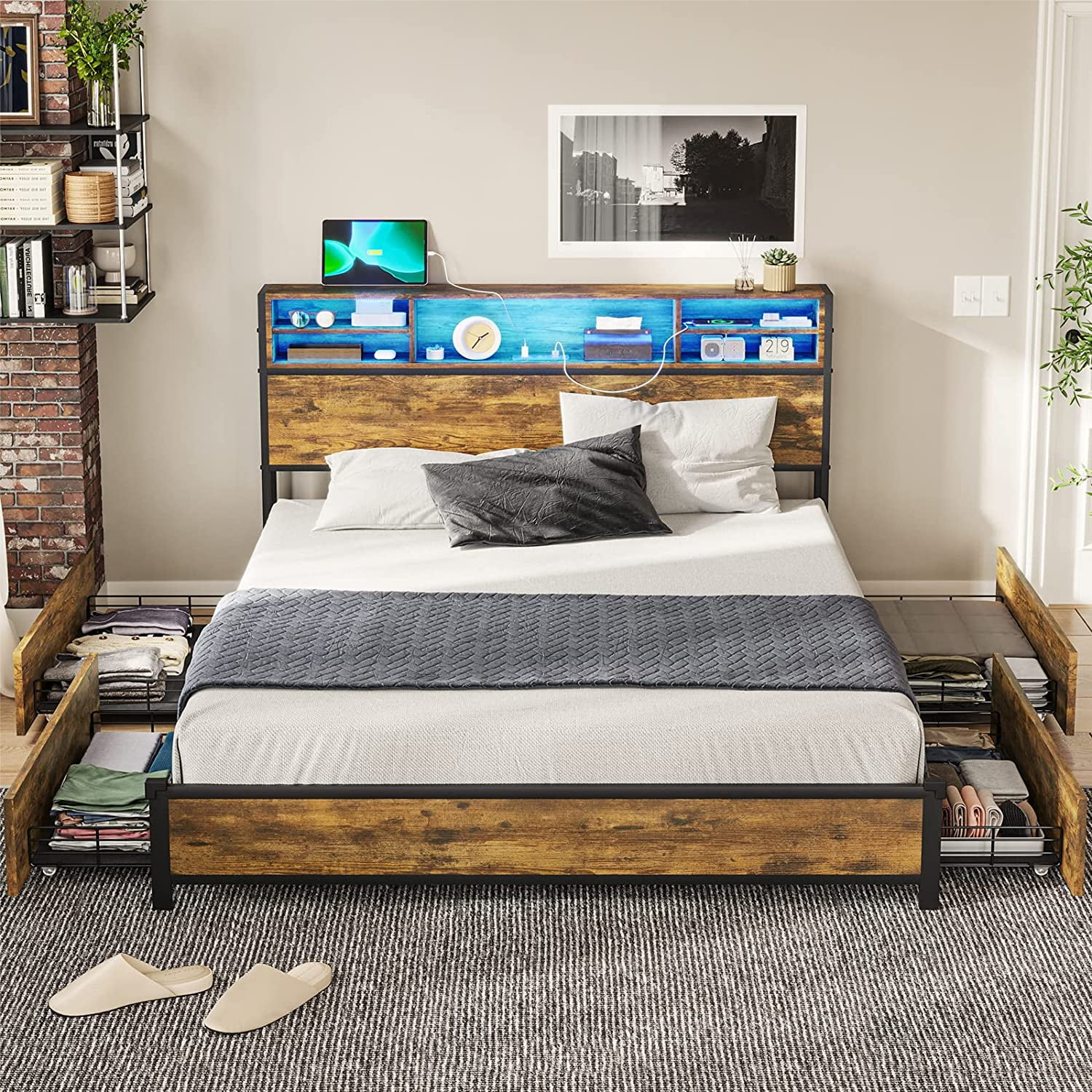 Afuhokles LED Full Bed Frame with Outlets and Headboard, Platform Bed with Storage Drawers, Brown - Inhomebuy