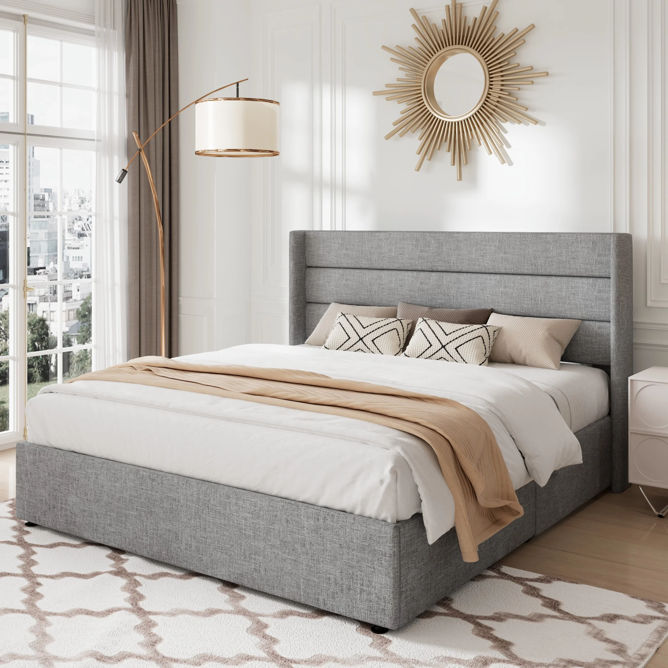 Allewie Queen Size Lift Up Platform Storage Bed Frame with Pannel Wingback Headboard, Light Beige - Inhomebuy