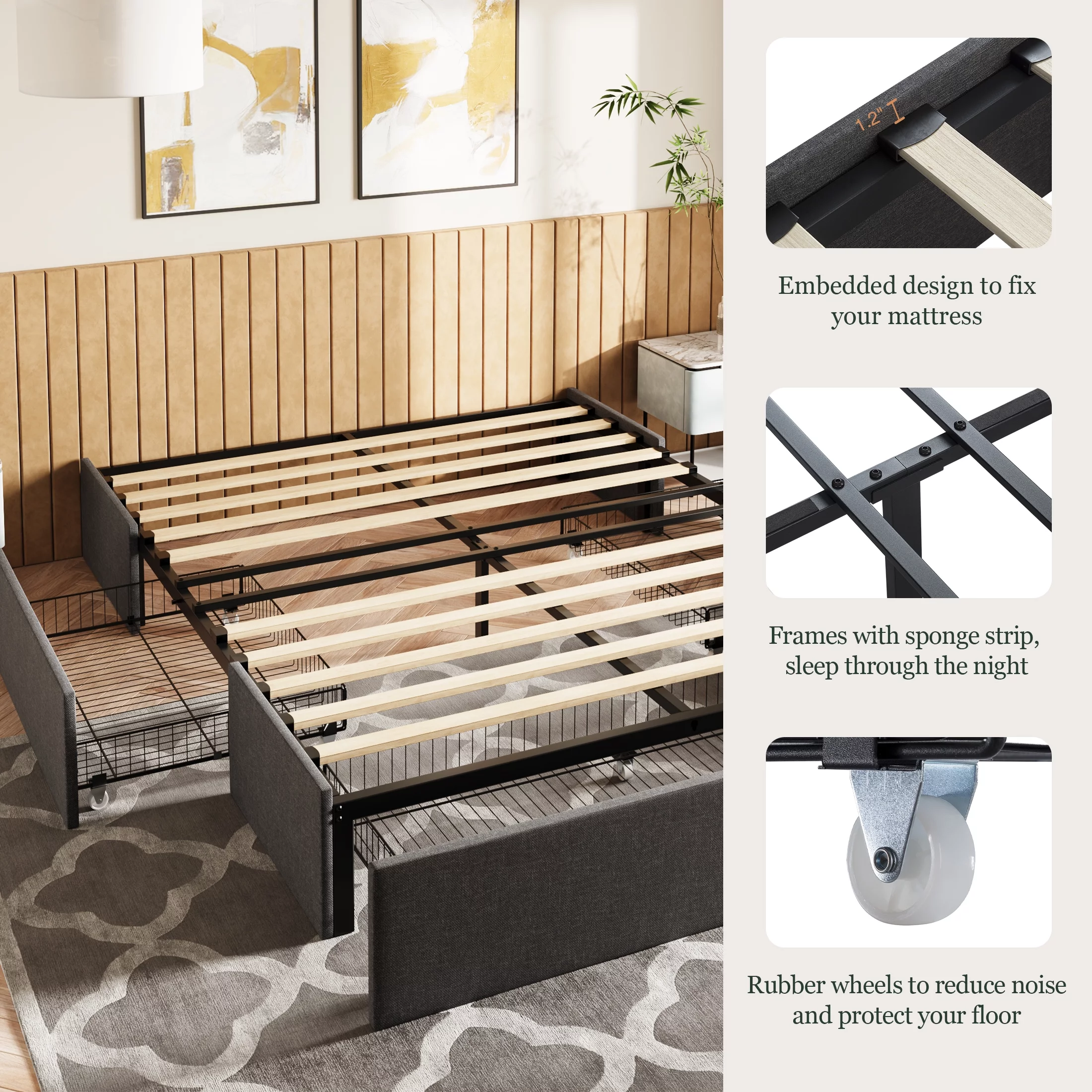 Amolife Queen Size Upholstered Platform Bed Frame with 3 Storage Drawers and Wooden Slats, Dark Grey - Inhomebuy