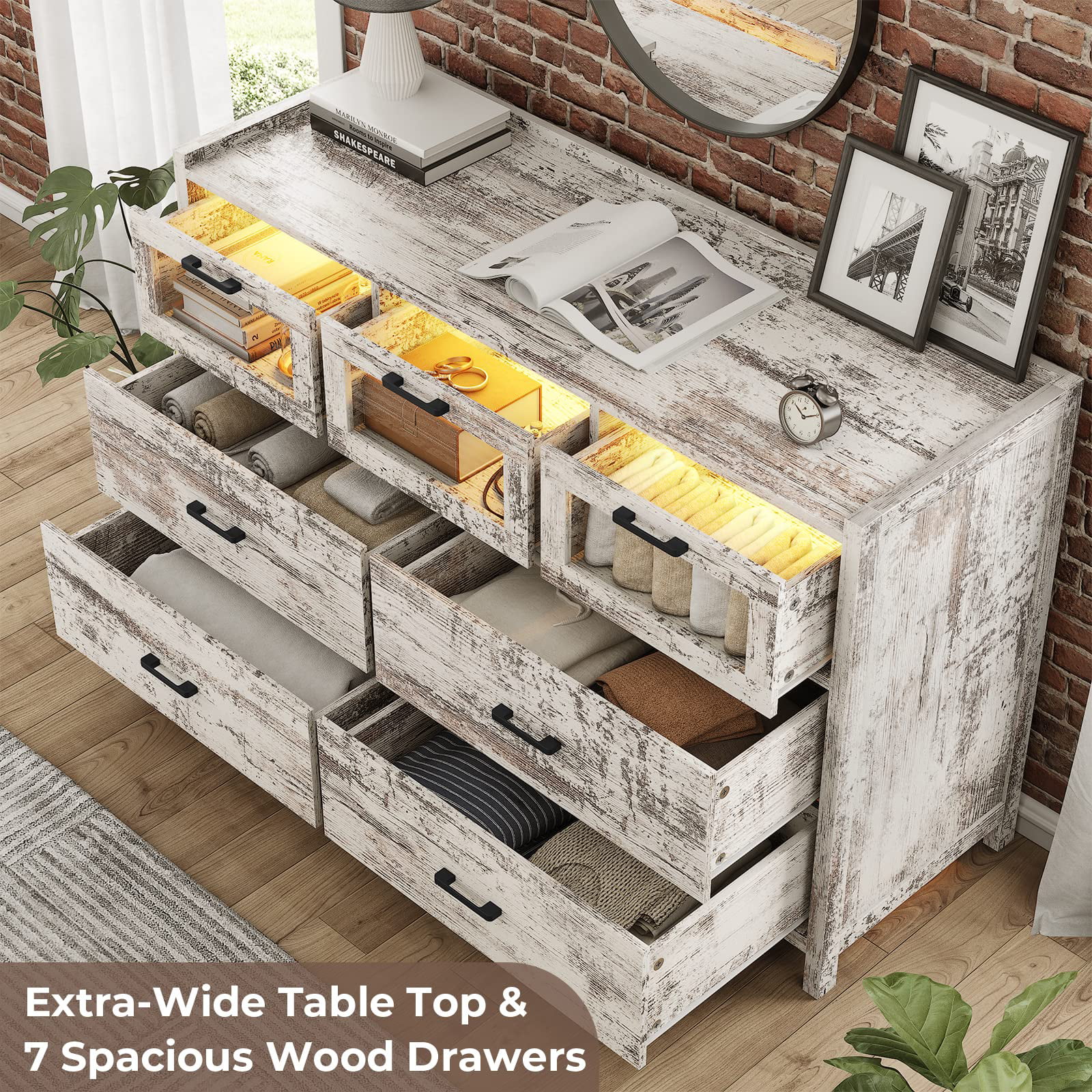 7 Drawer Dresser, Chest of Drawers with LED Lights, Wide Storage Organizer, Black Finish - Inhomebuy