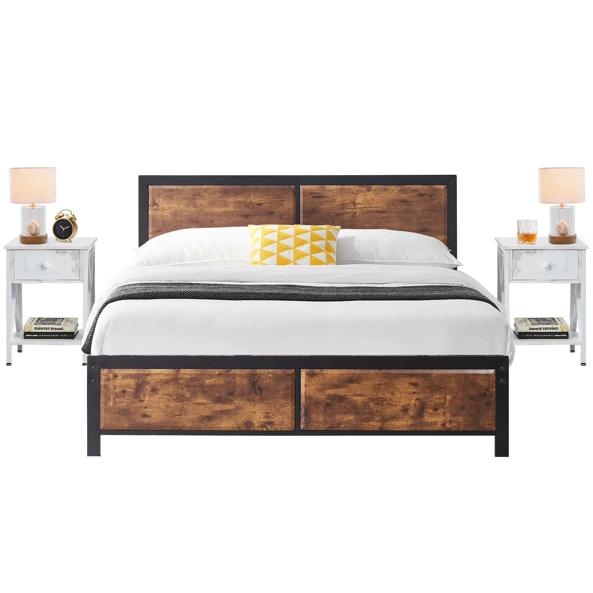 VECELO 3-Piece Bedroom Set with Queen Size Bed Frame and 1-Drawer Brown Nightstands - Inhomebuy