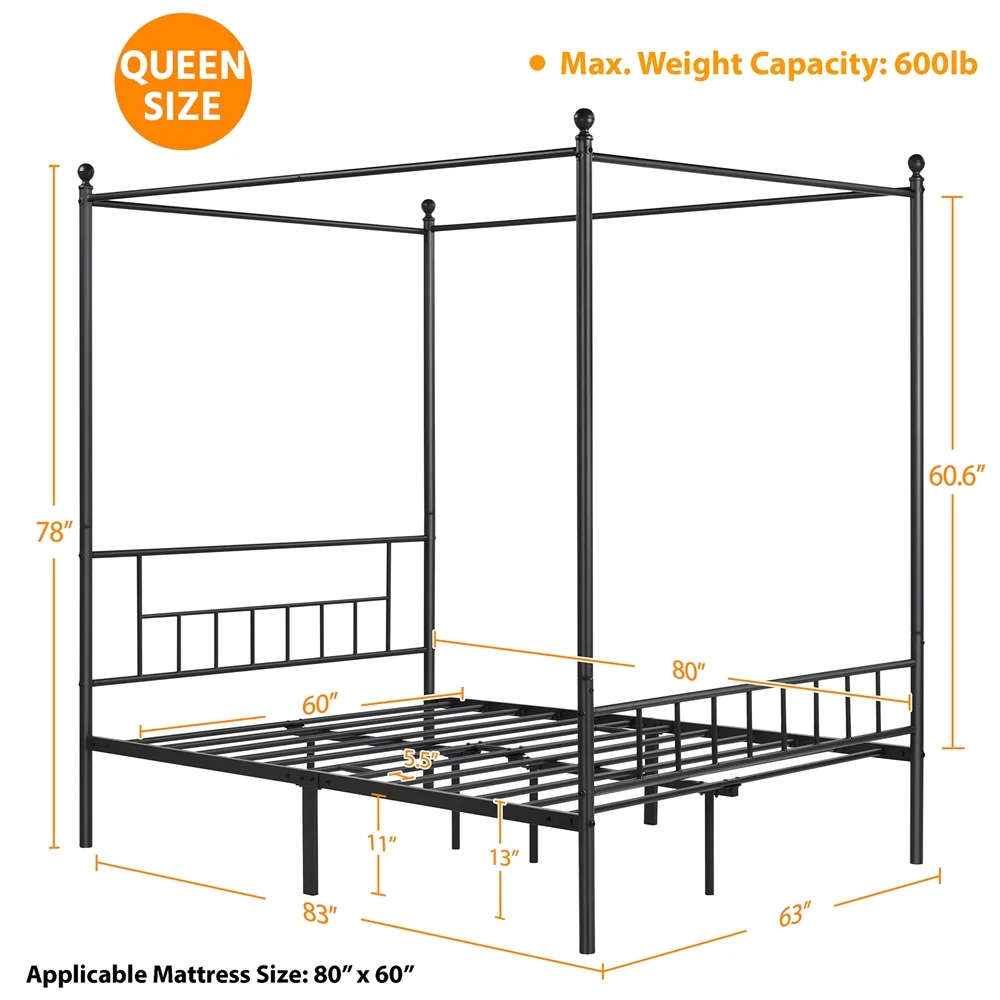 Topeakmart Metal Bed Frame Four-Poster Canopied with Headboard & Footboard, Queen, Black - Inhomebuy
