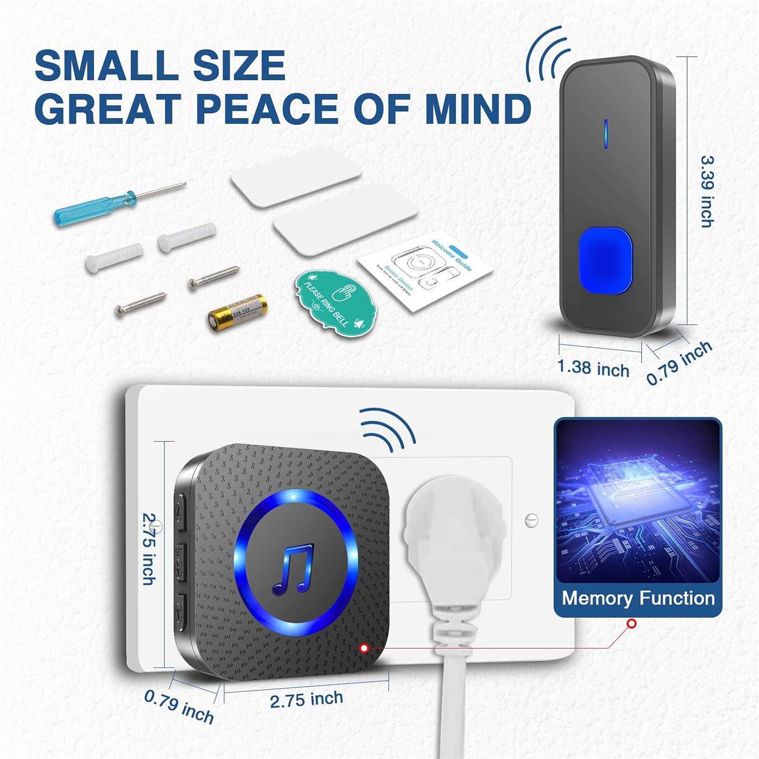 Wireless Doorbell PHYSEN Door Bell Chimes with Mute Mode 58 Ringtones&5 Volume Levels - Inhomebuy