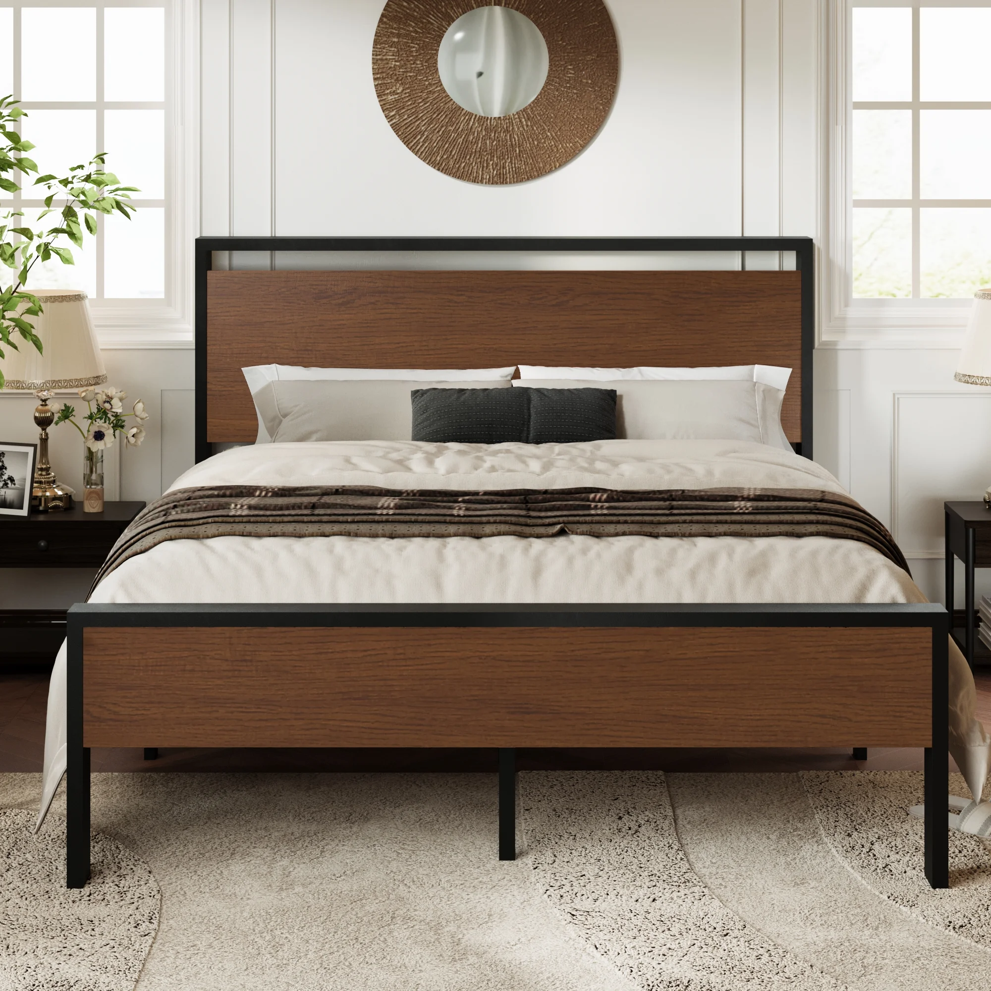 Allewie Sanders Queen Size Metal Platform Bed Frame with Wood Headboard and Footboard & Metal Slat - Inhomebuy